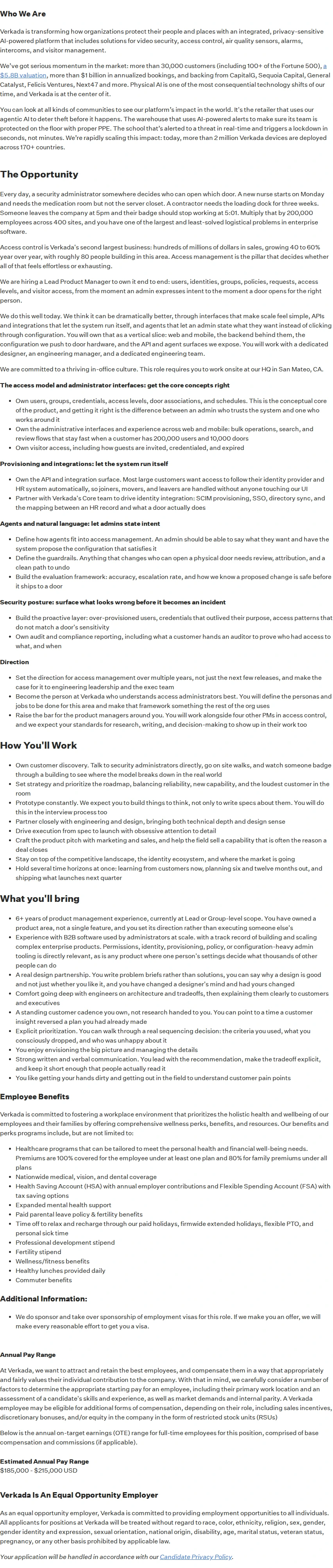 버카다 Senior Product Manager, Access Management 채용공고