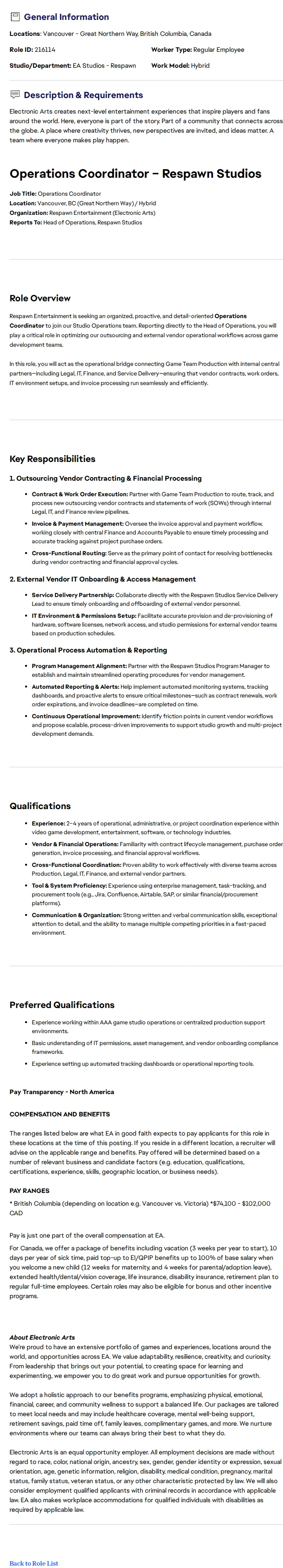 ElectronicArts Operations Coordinator (Respawn Studios) 채용공고