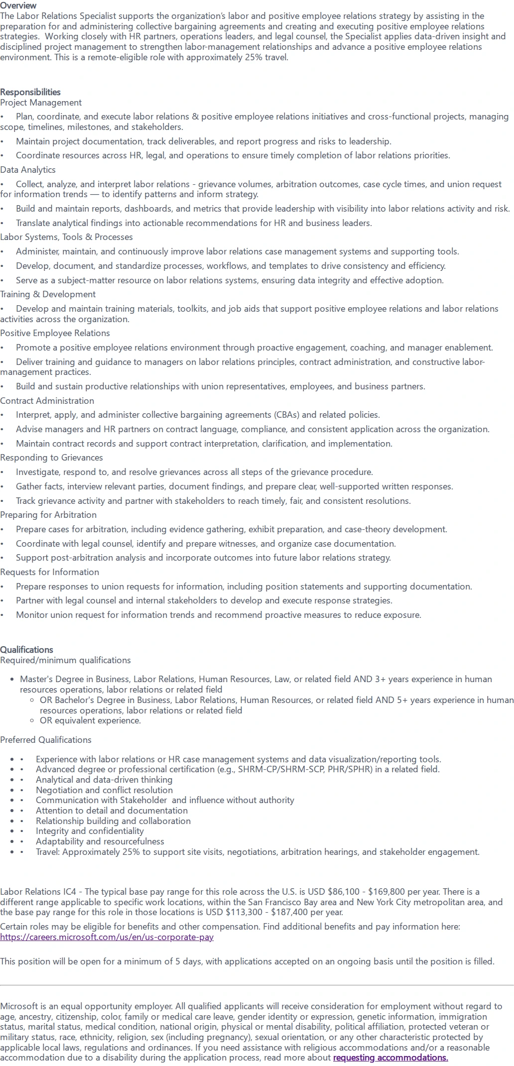 마이크로소프트(Microsoft) Labor Relations Specialist 채용공고