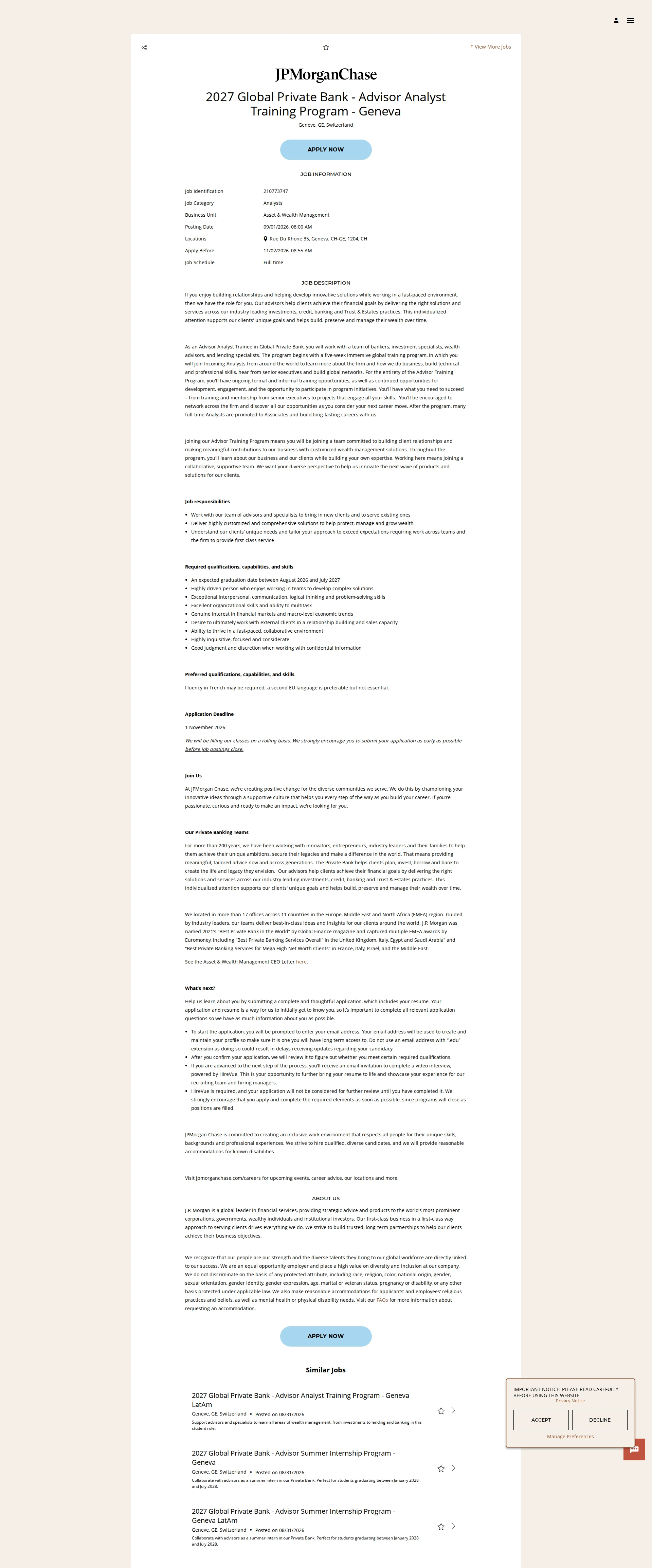 JPMorganChase 2027 Global Private Bank - Advisor Analyst Training Program - Geneva 채용공고