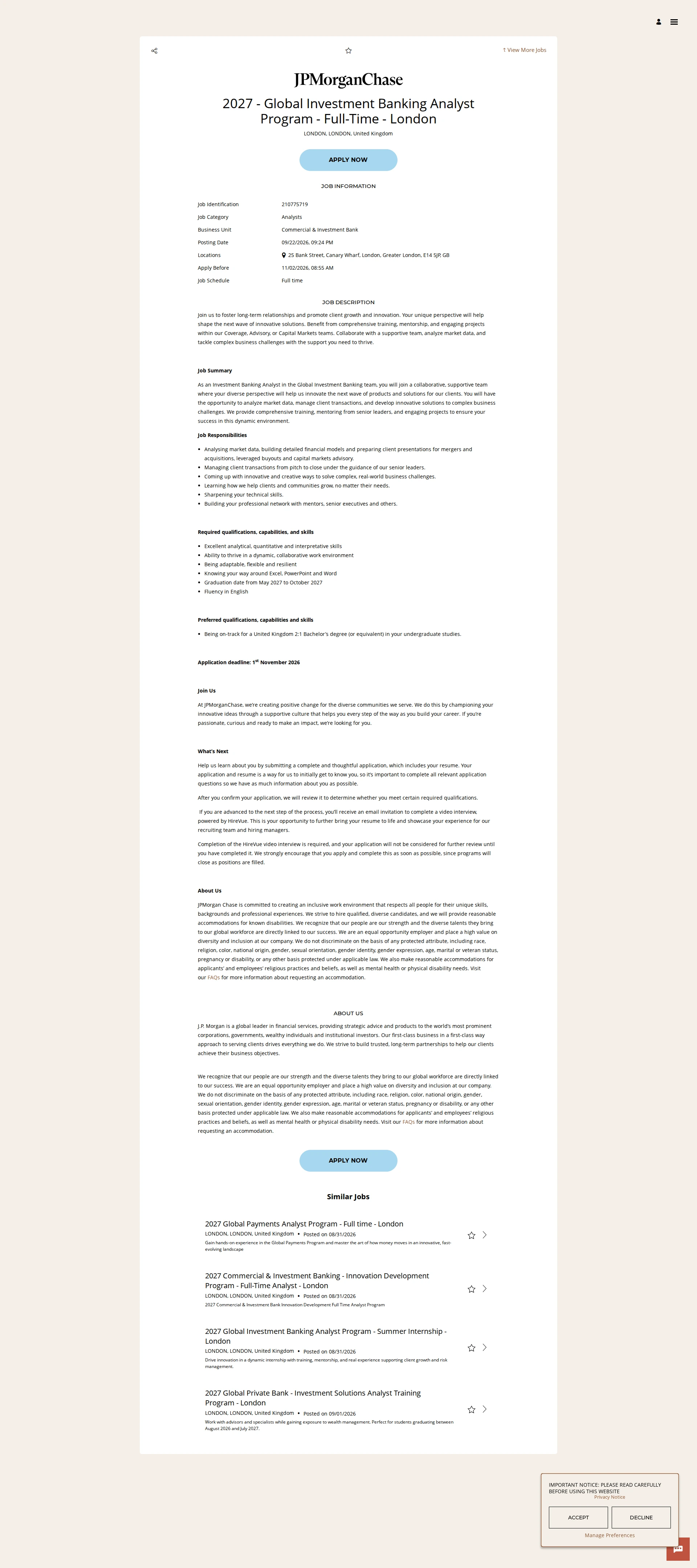 JPMorganChase 2027 - Global Investment Banking Analyst Program - Full-Time - London 채용공고