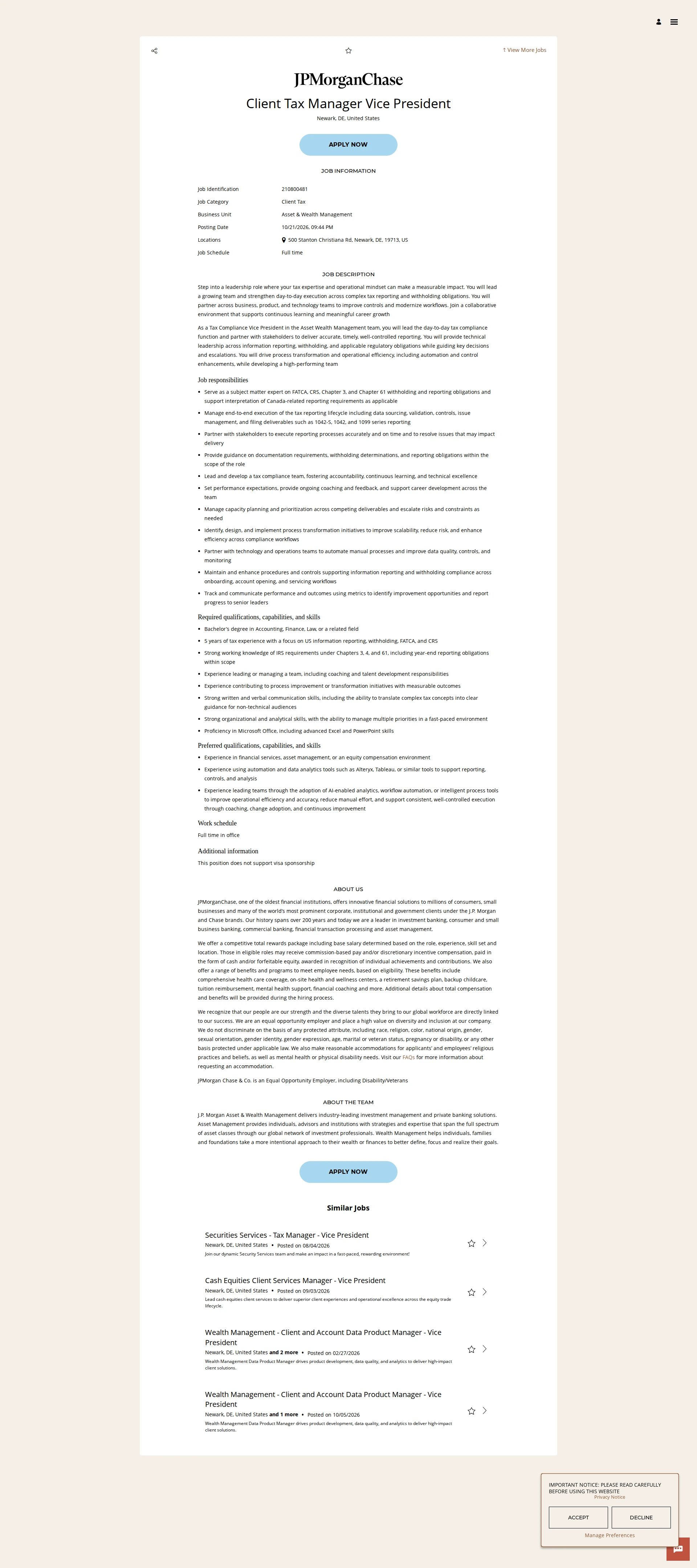JPMorganChase Client Tax Manager Vice President 채용공고