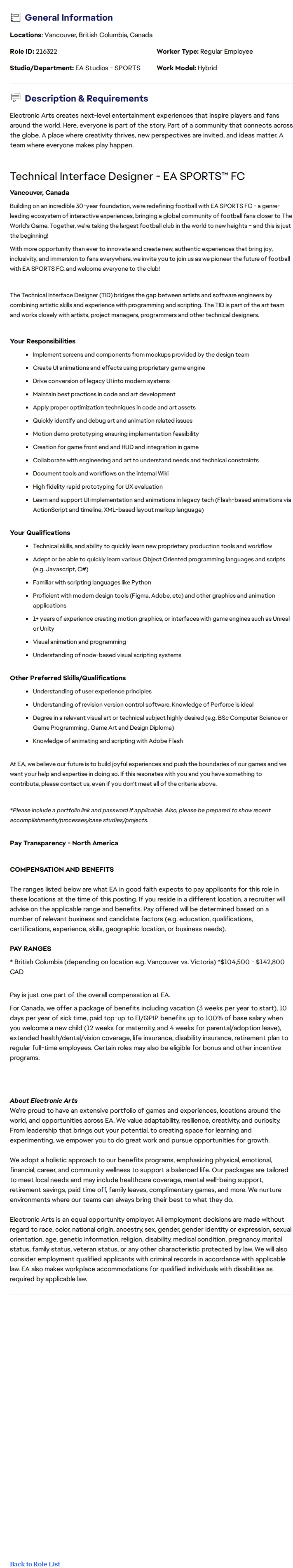 ElectronicArts Technical Interface Designer II - EA SPORTS FC 채용공고