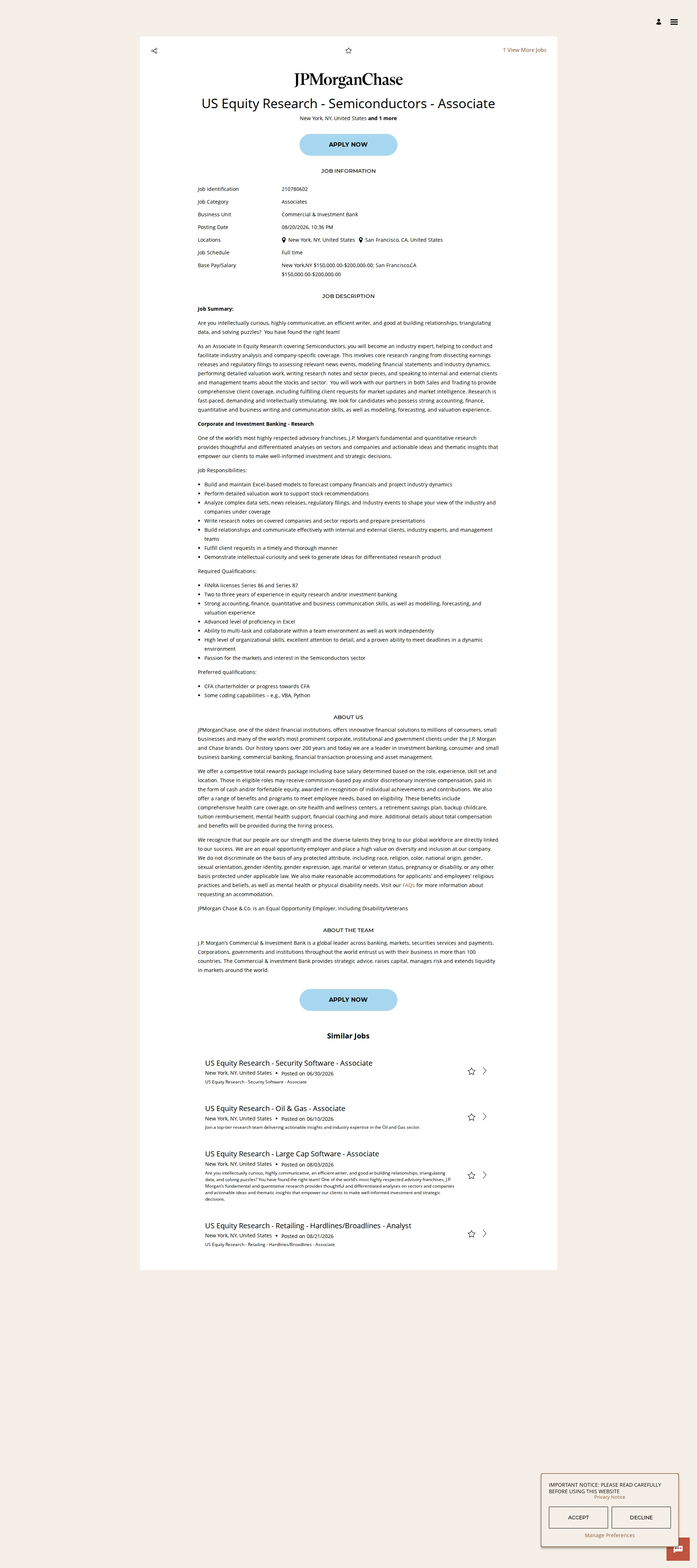 JPMorganChase US Equity Research - Semiconductors - Associate 채용공고