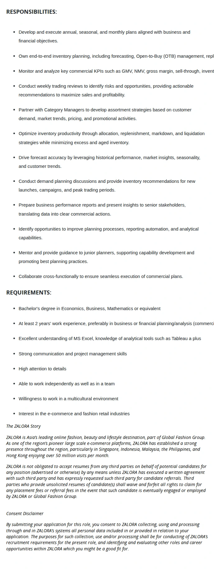ZALORA SOUTH EAST ASIA PTE LTD Senior Planner | Hybrid Work Setup 채용공고