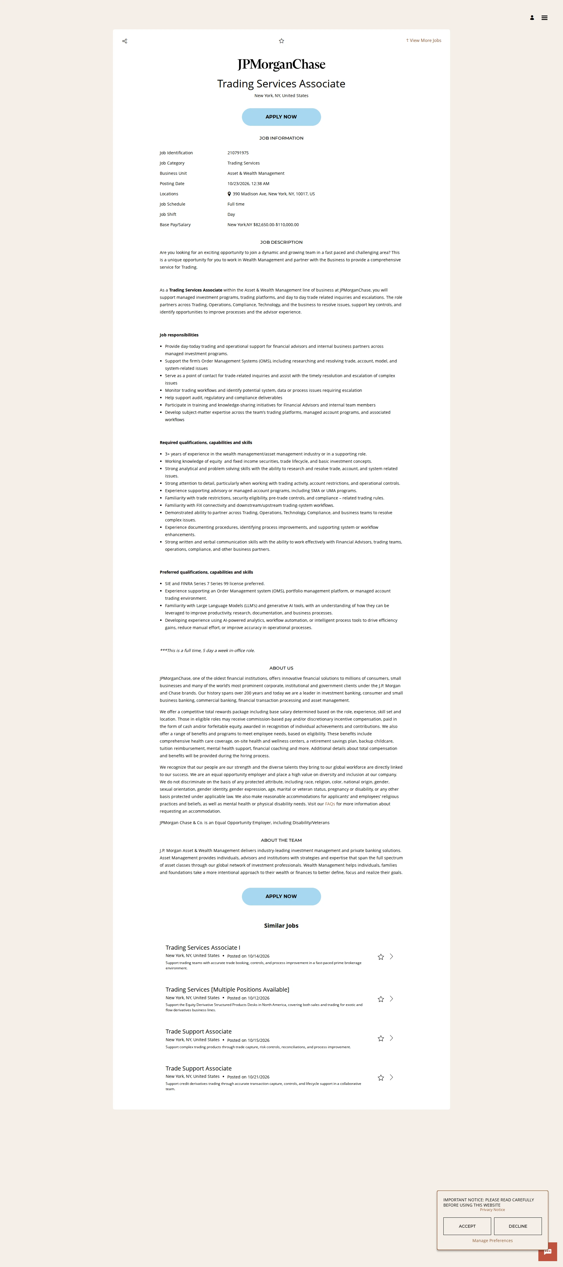 JPMorganChase Trading Services Associate 채용공고