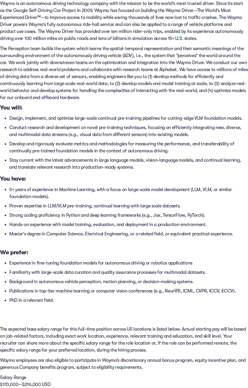 웨이모 Machine Learning Engineer Perception LLM/VLM (PhD, New Grad) 채용공고