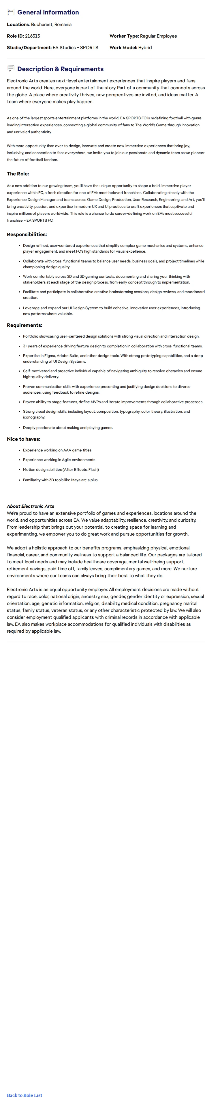 ElectronicArts Experience Designer, UI & UX 채용공고