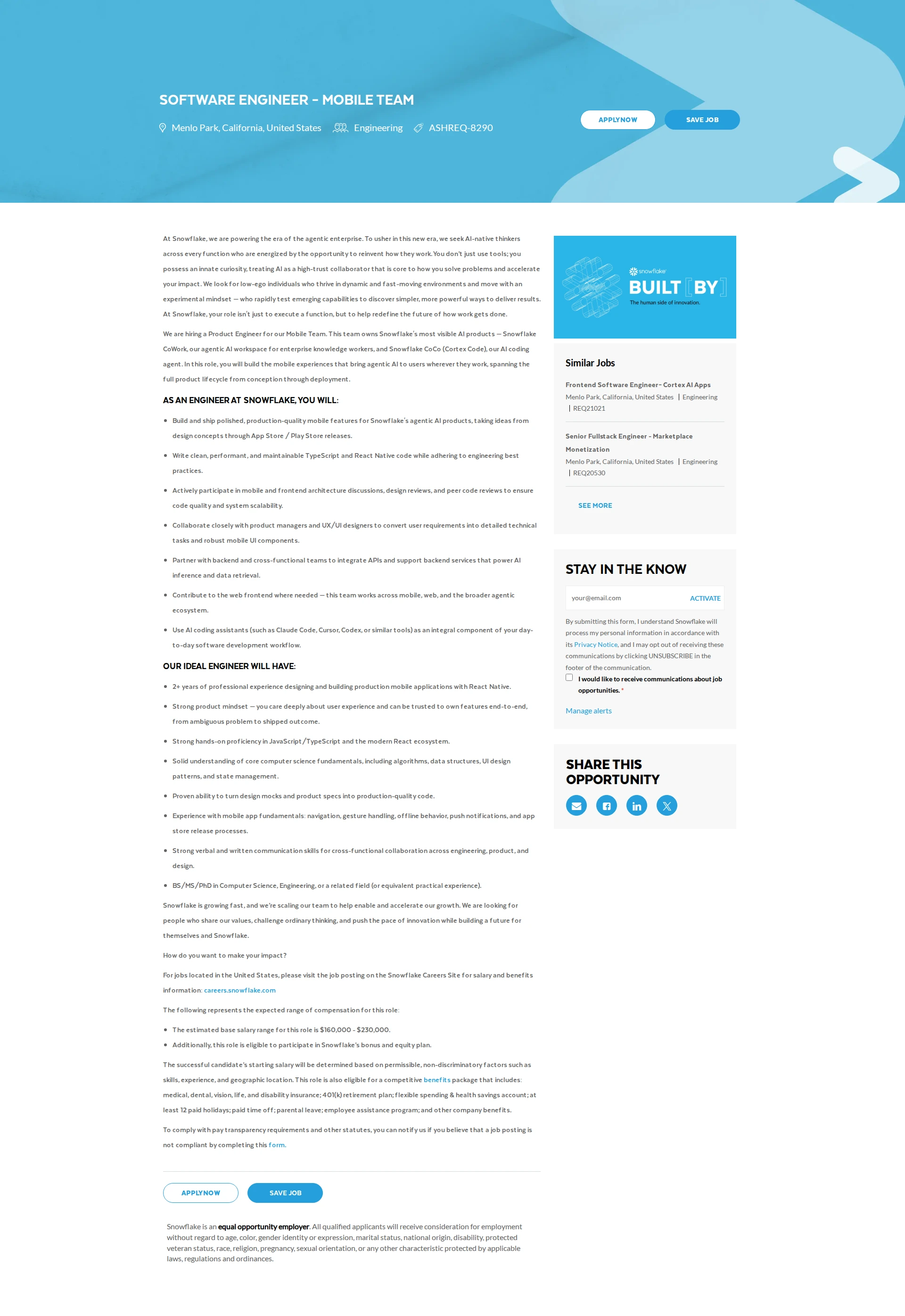 스노우플레이크 Software Engineer – Mobile Team 채용공고