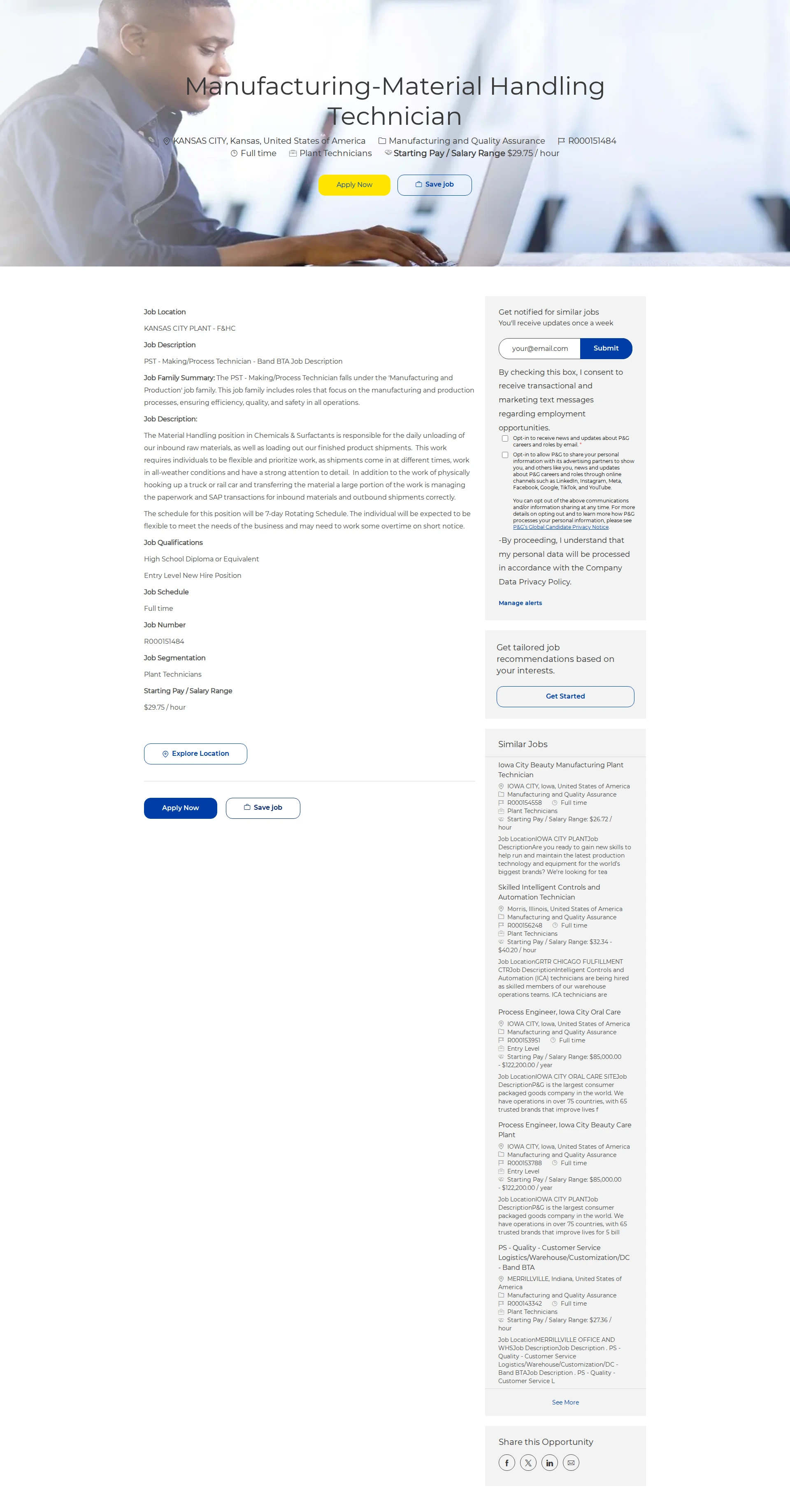 P&G Manufacturing-Material Handling Technician 채용공고