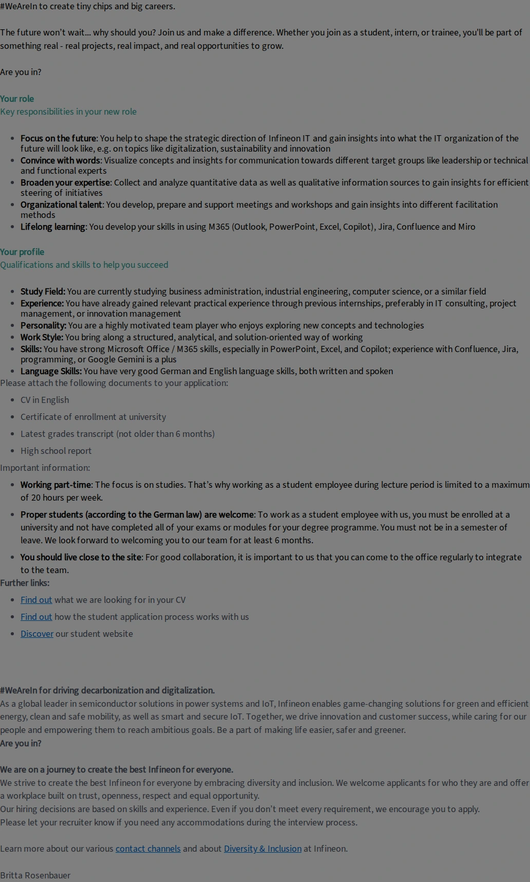 인피니언 Working Student - Strategic initiatives at Infineon IT (f/m/div) 채용공고