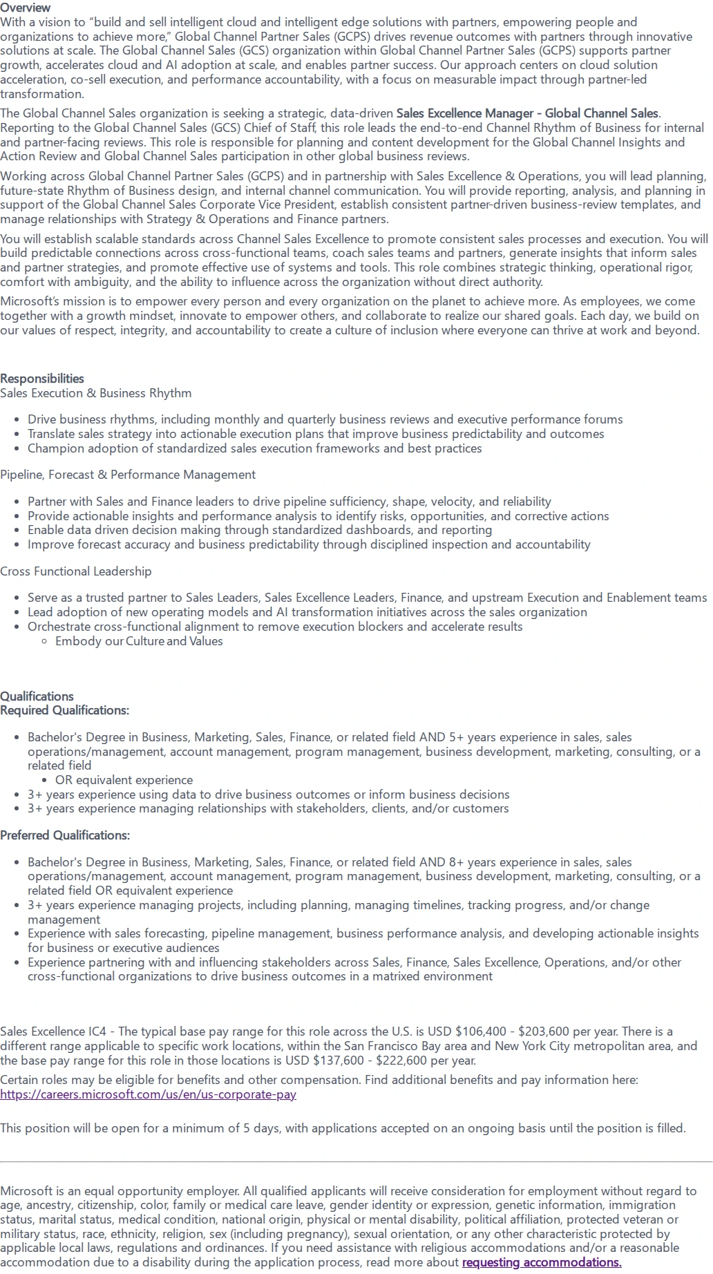 마이크로소프트(Microsoft) Sales Excellence Manager - Global Channel Sales 채용공고