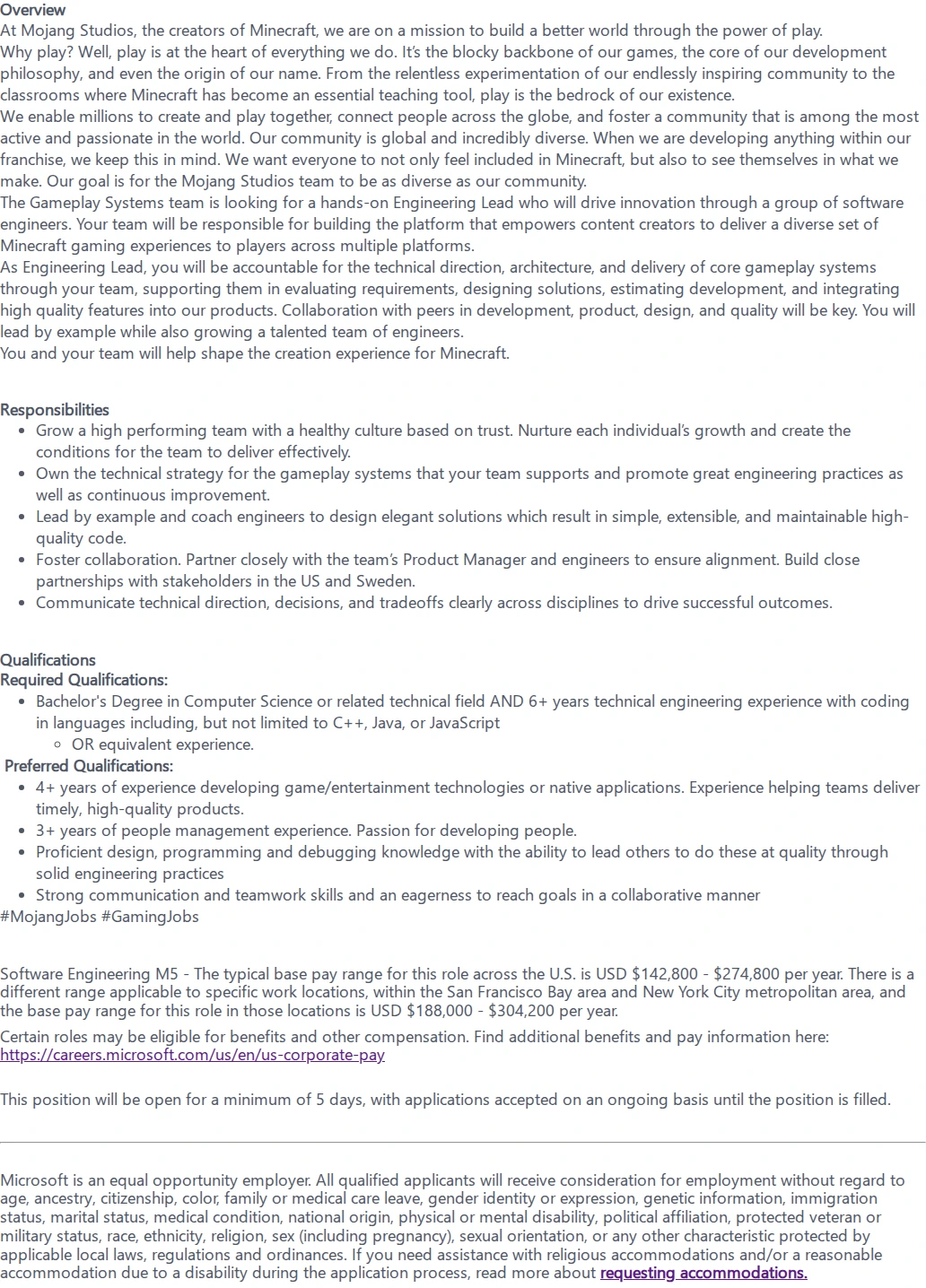 마이크로소프트(Microsoft) Principal Software Engineer Lead, Gameplay Systems - Minecraft 채용공고