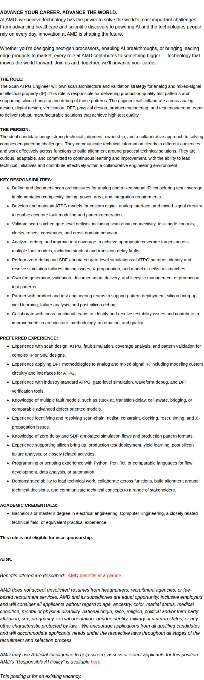 AMD Sr DFT/ATPG Engineer–Mixed-Signal IP 채용공고