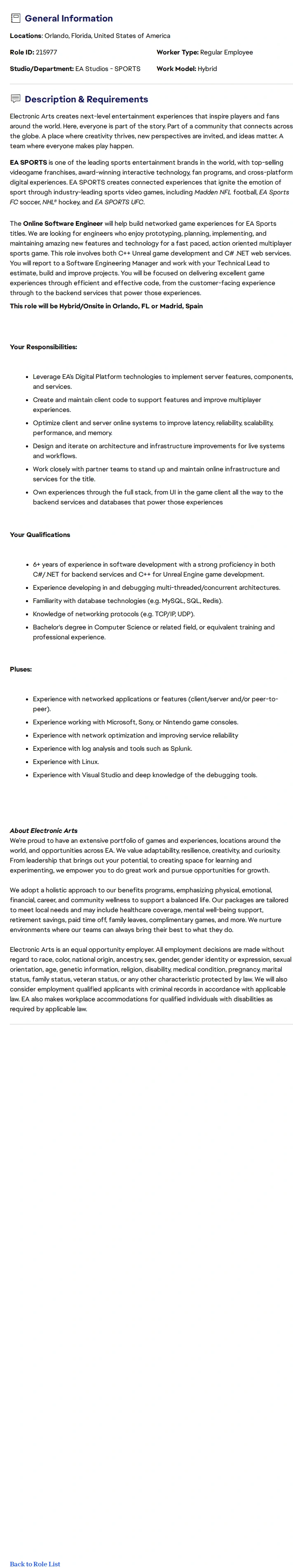 ElectronicArts Advanced Software Engineer, Online Services - American Football 채용공고