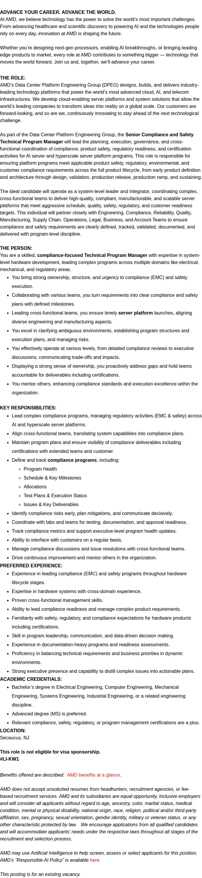 AMD Senior Compliance and Safety Technical Program Manager 채용공고