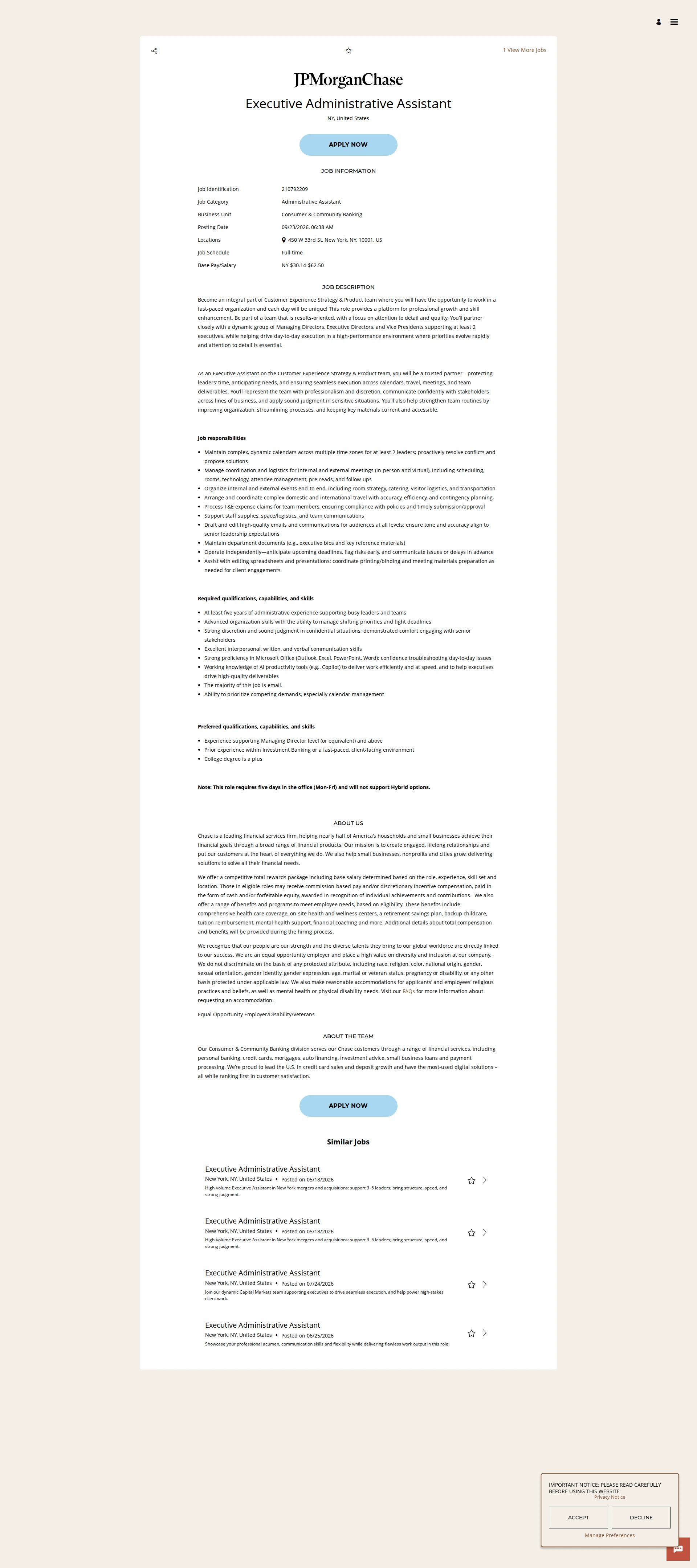 JPMorganChase Executive Administrative Assistant 채용공고