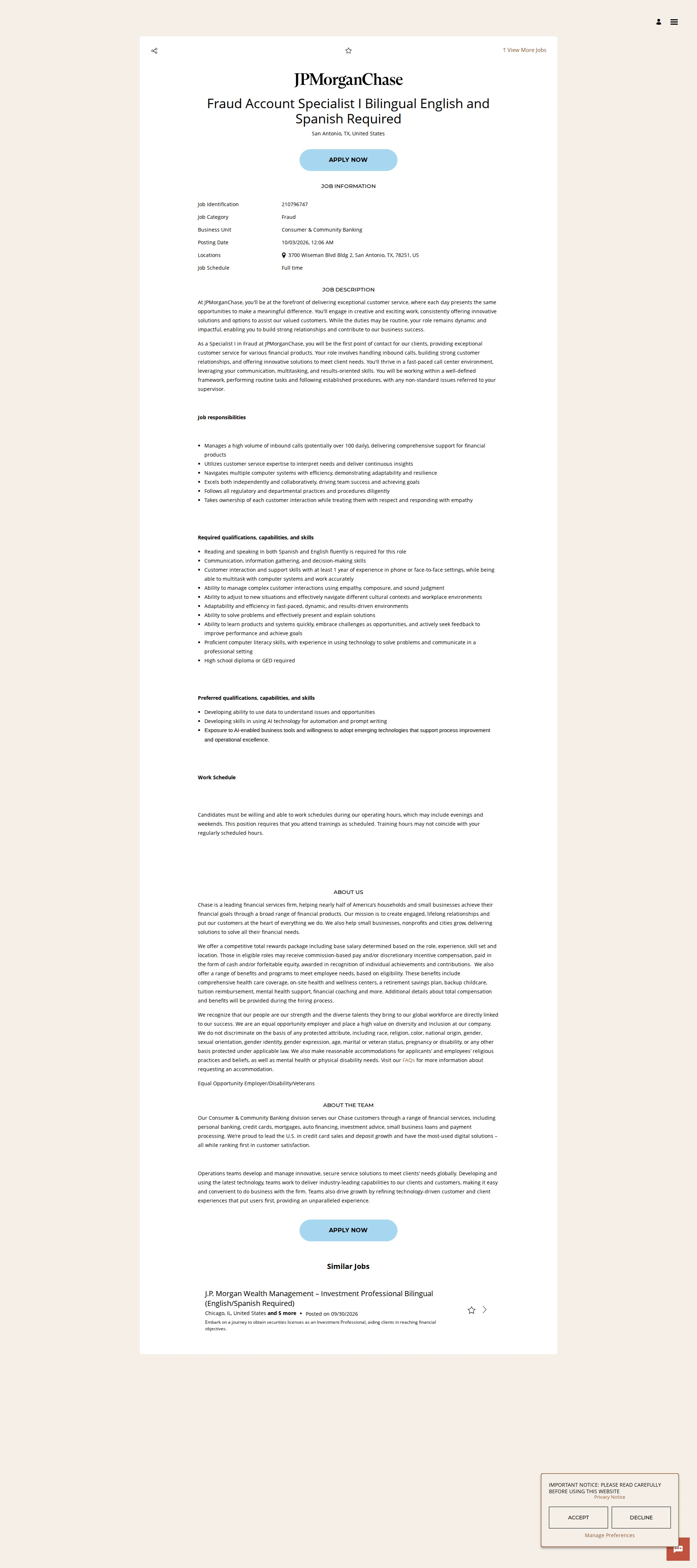 JPMorganChase Fraud Account Specialist I Bilingual English and Spanish Required 채용공고