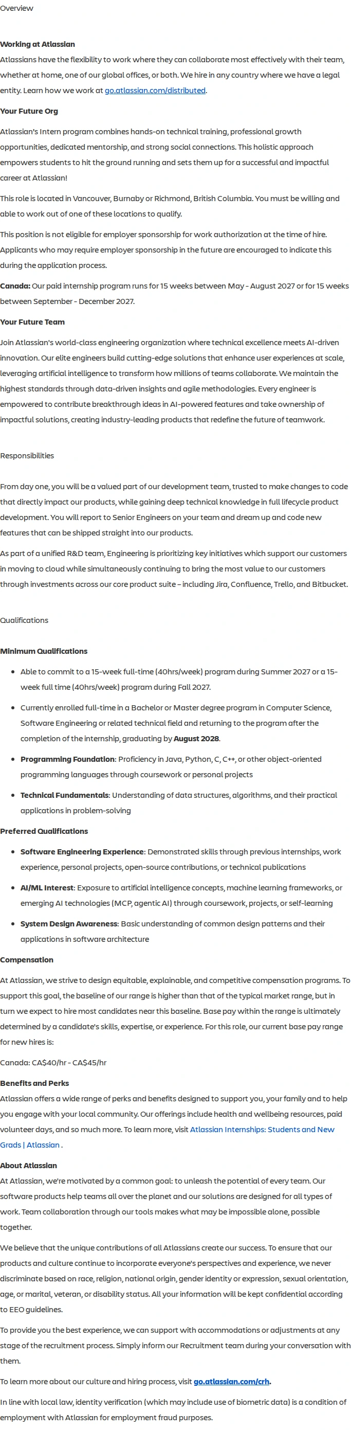 아틀라시안 Software Engineer Intern, 2027 Canada 채용공고