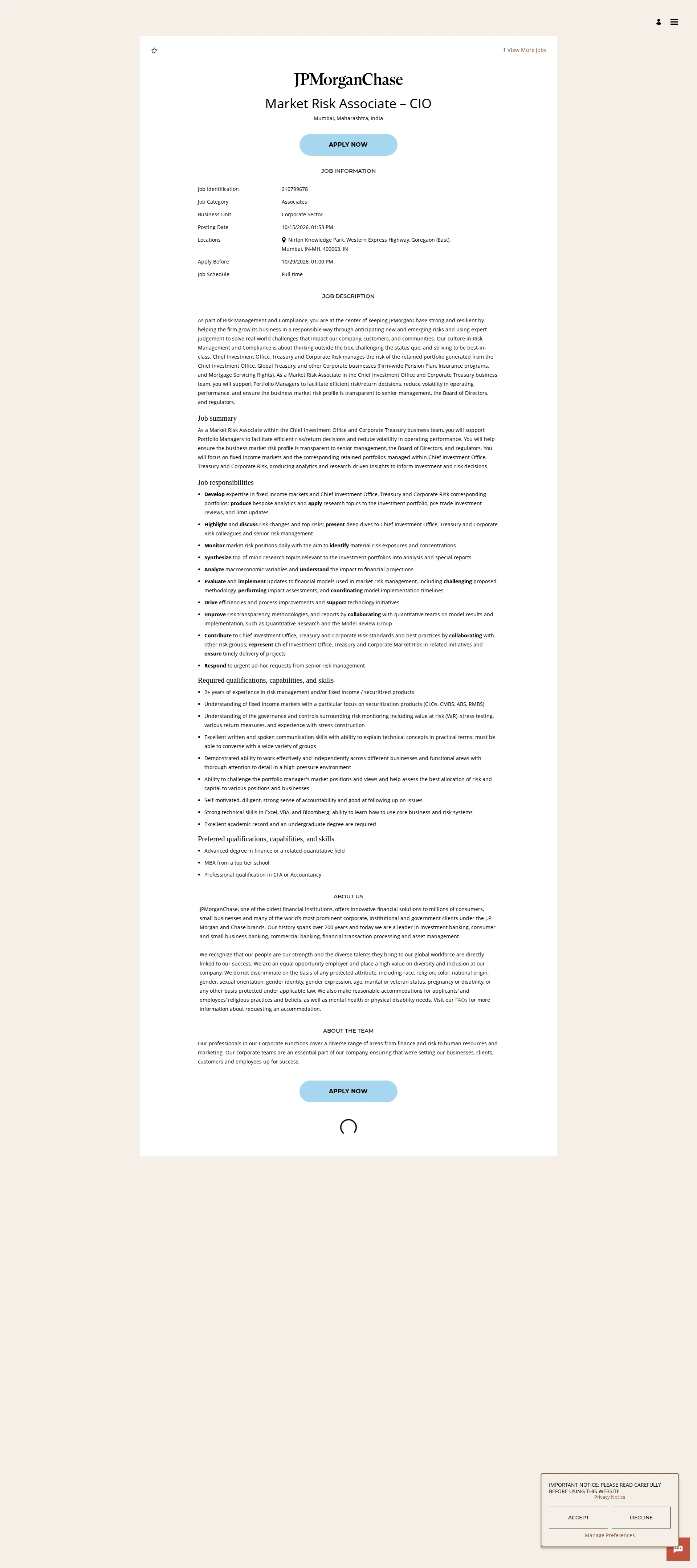 JPMorganChase Market Risk Associate – CIO 채용공고