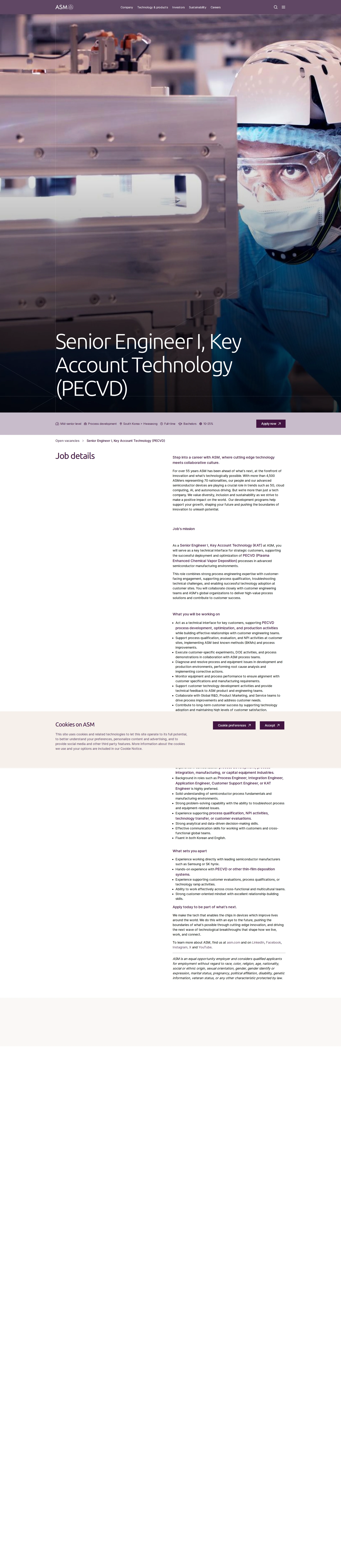 ASM Senior Engineer I, Key Account Technology (PECVD) 채용공고