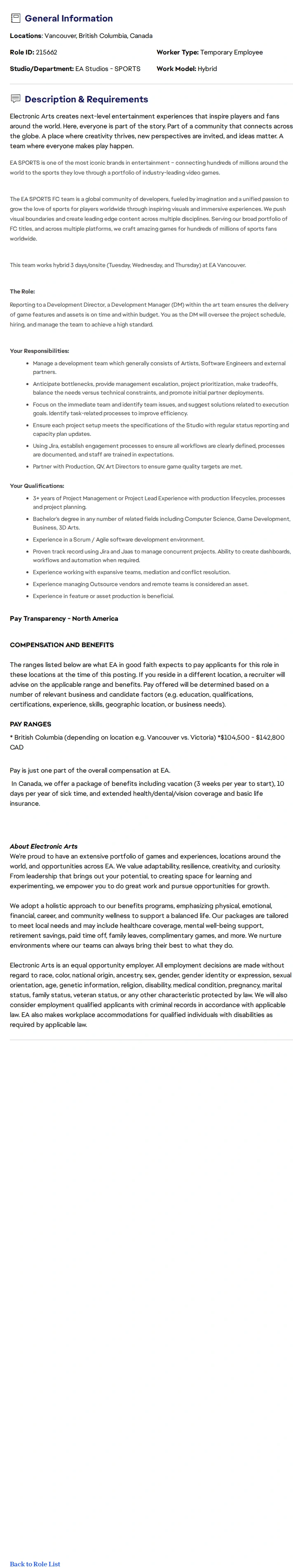 ElectronicArts Development Manager - EA Sports FC 채용공고