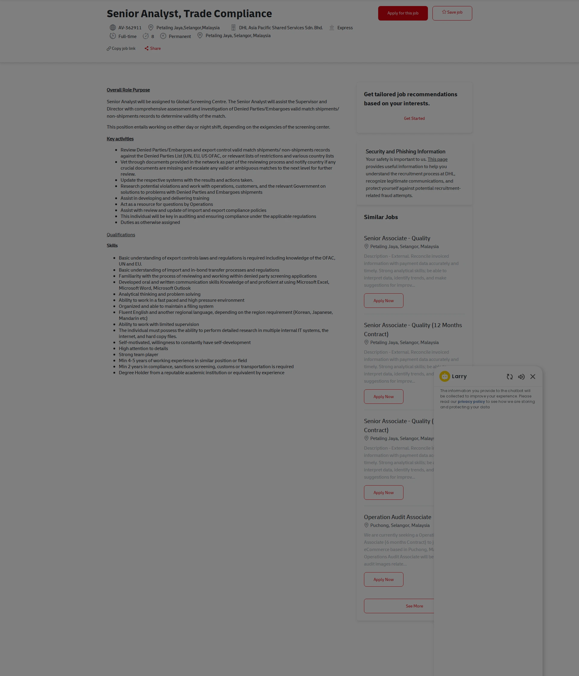DHL Senior Analyst, Trade Compliance 채용공고