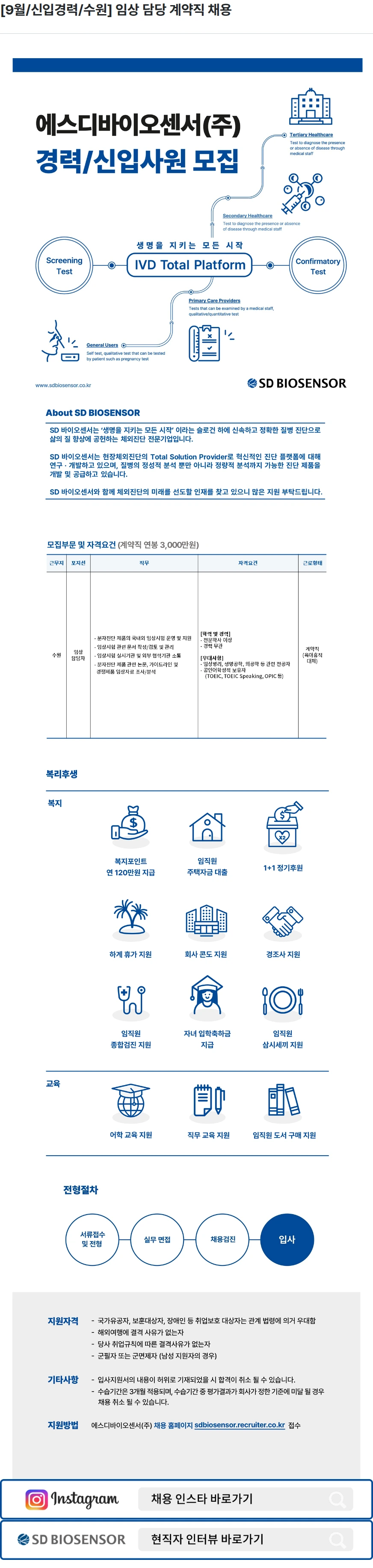 에스디바이오센서 [9월/신입경력/수원] 임상 담당 계약직 채용 채용공고