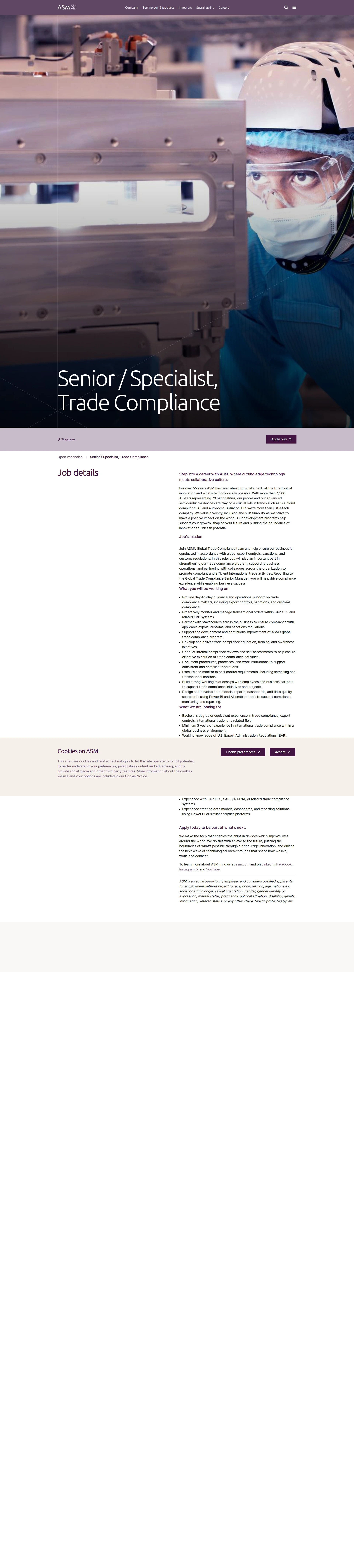 ASM Senior / Specialist, Trade Compliance 채용공고