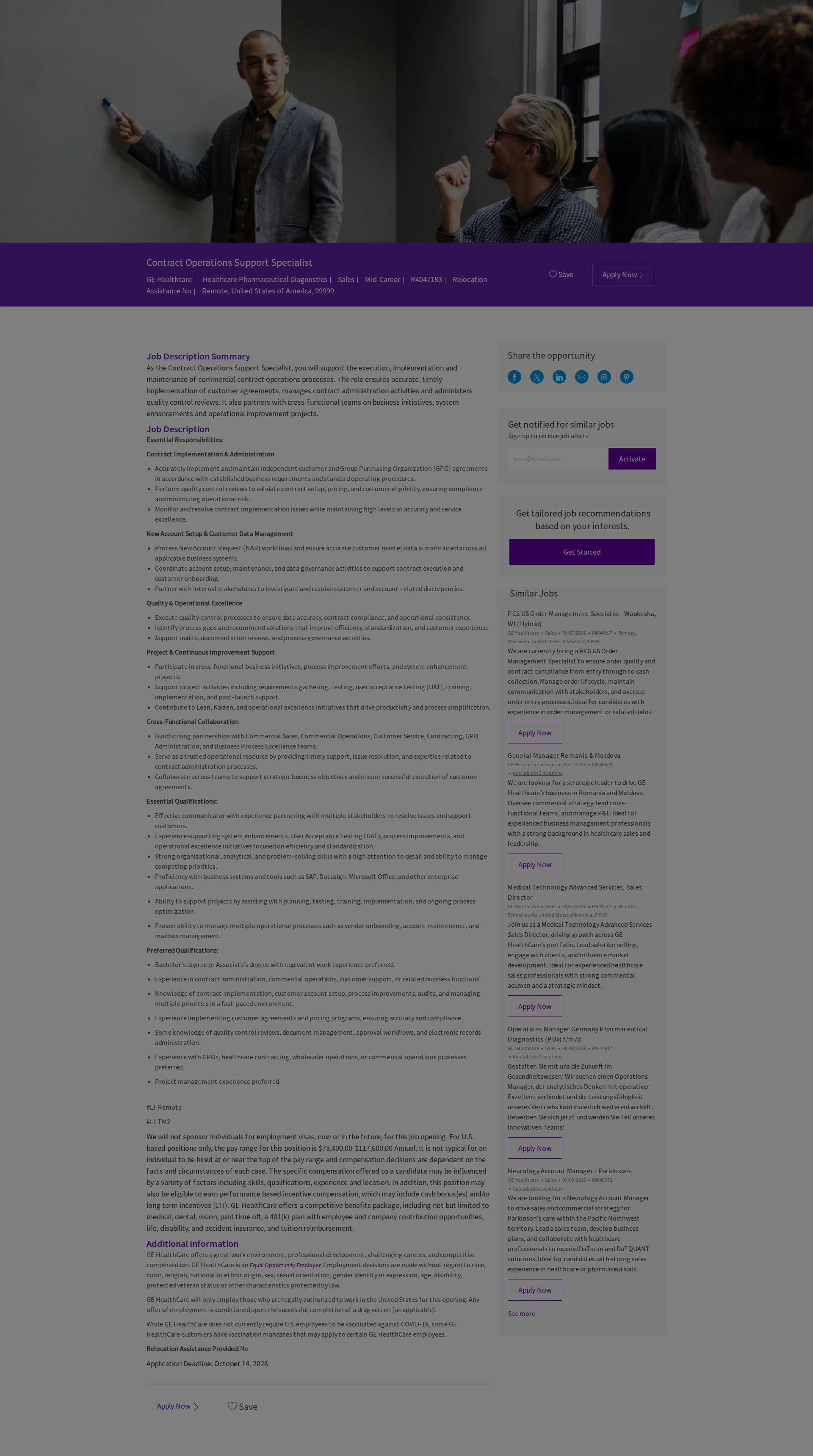 GE헬스케어 Contract Operations Support Specialist 채용공고