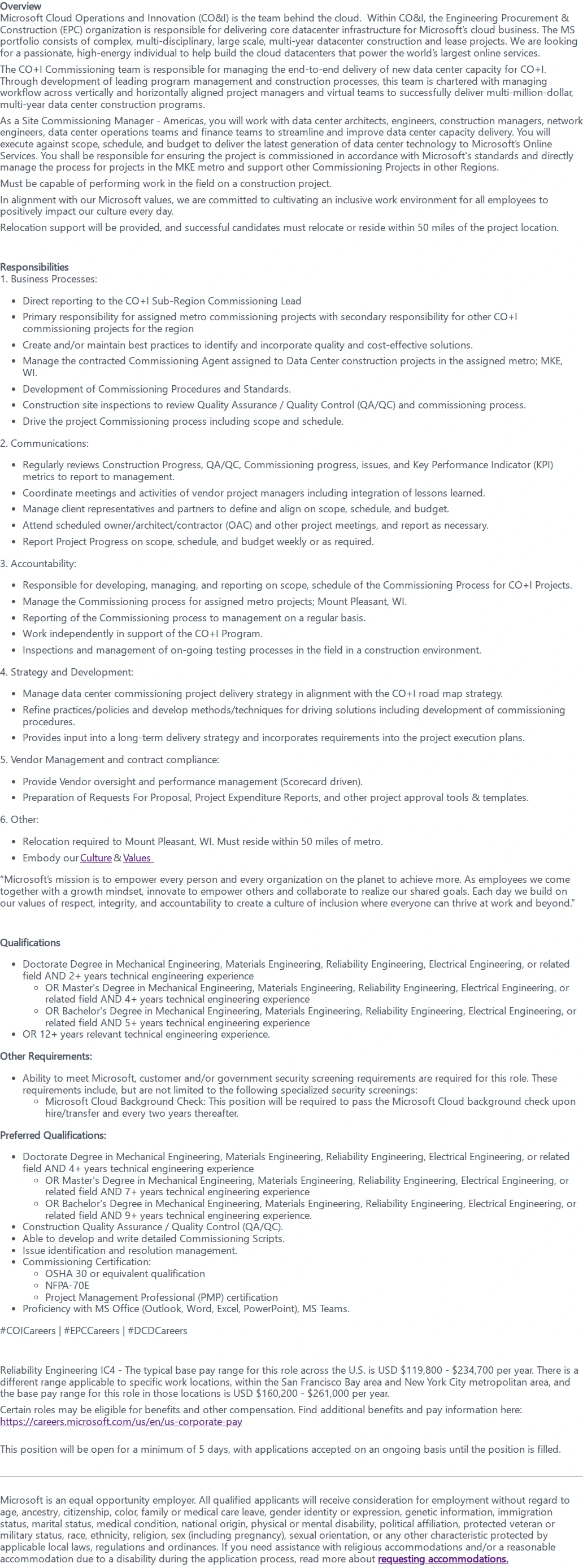 마이크로소프트(Microsoft) Commissioning Manager 채용공고