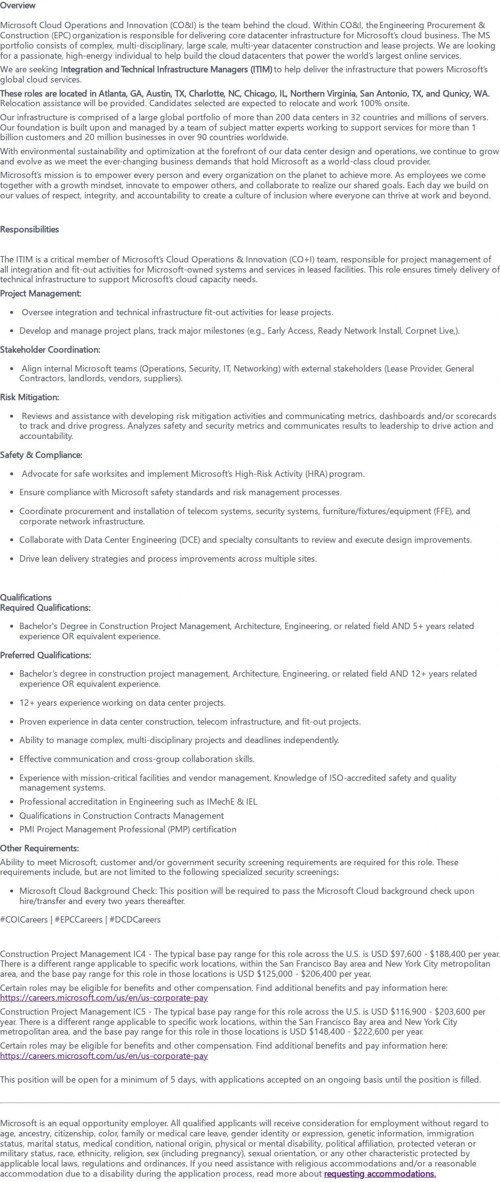 마이크로소프트(Microsoft) Integration and Technical Infrastructure Manager (ITIM) 채용공고