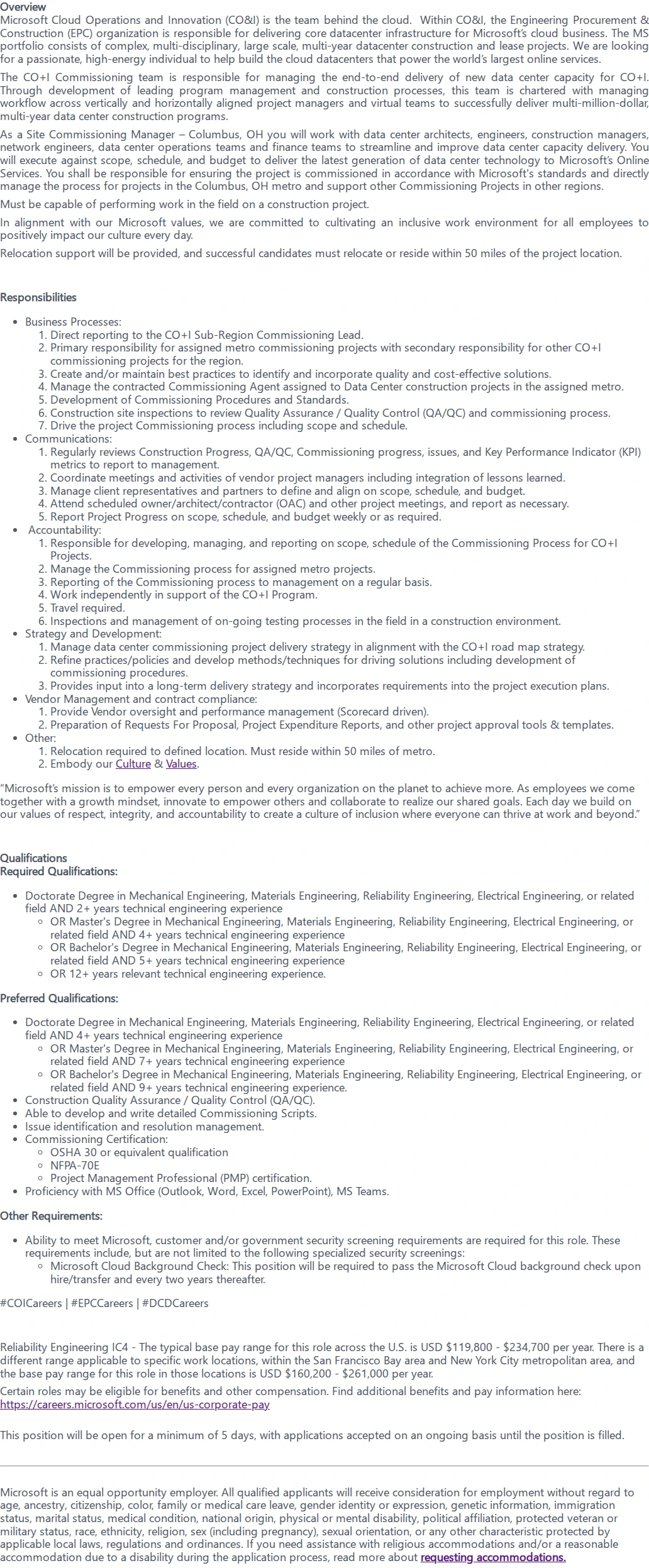 마이크로소프트(Microsoft) Commissioning Manager - Columbus, OH 채용공고