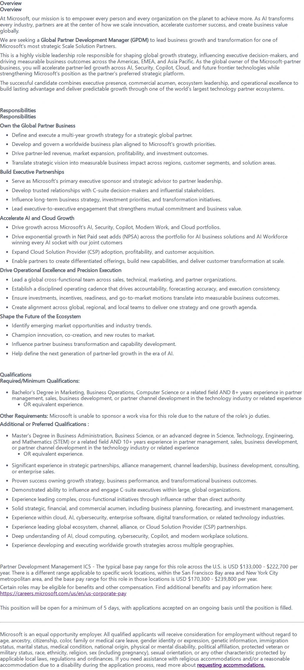 마이크로소프트(Microsoft) Global Partner Development Manager 채용공고