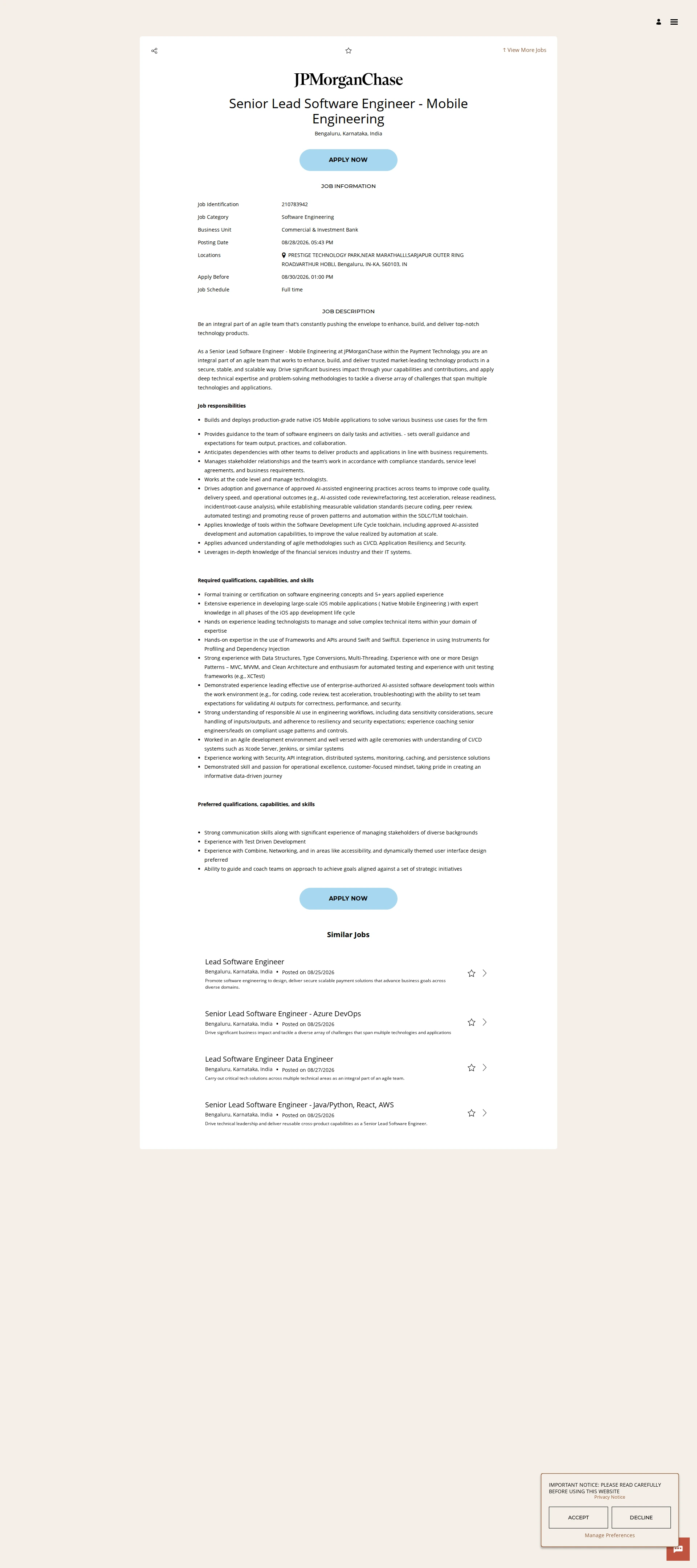 JPMorganChase Senior Lead Software Engineer - Mobile Engineering 채용공고