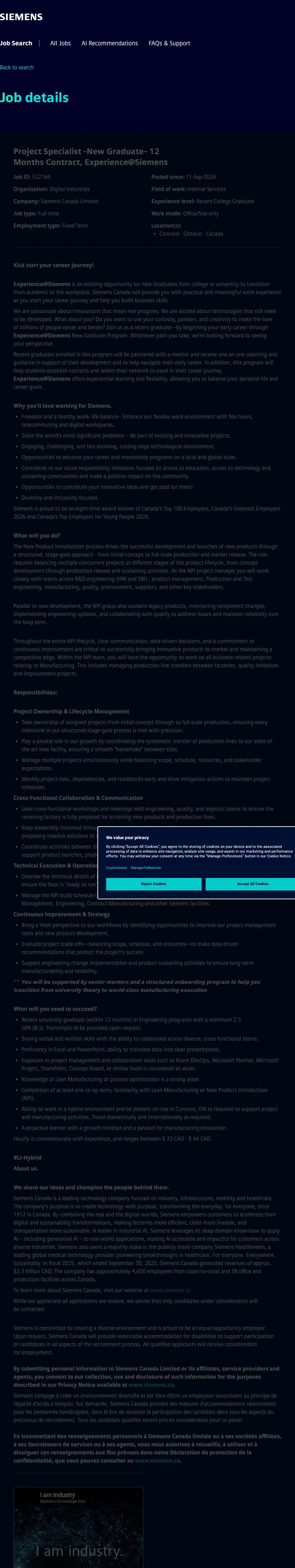 지멘스 Project Specialist -New Graduate- 12 Months Contract, Experience@Siemens 채용공고