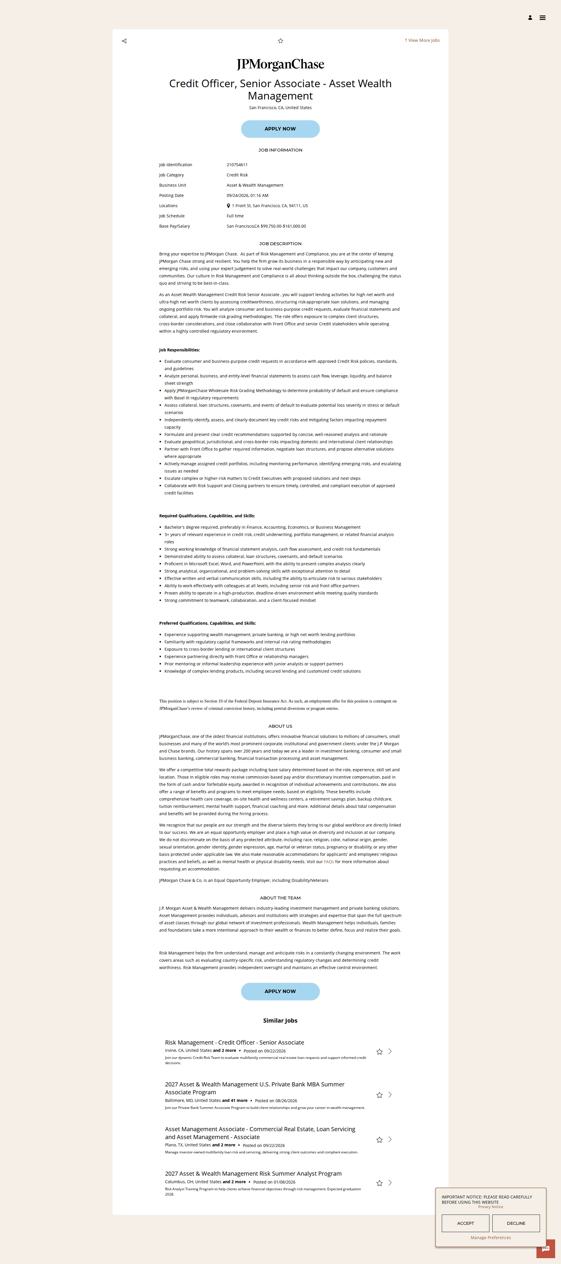 JPMorganChase Credit Officer, Senior Associate - Asset Wealth Management 채용공고