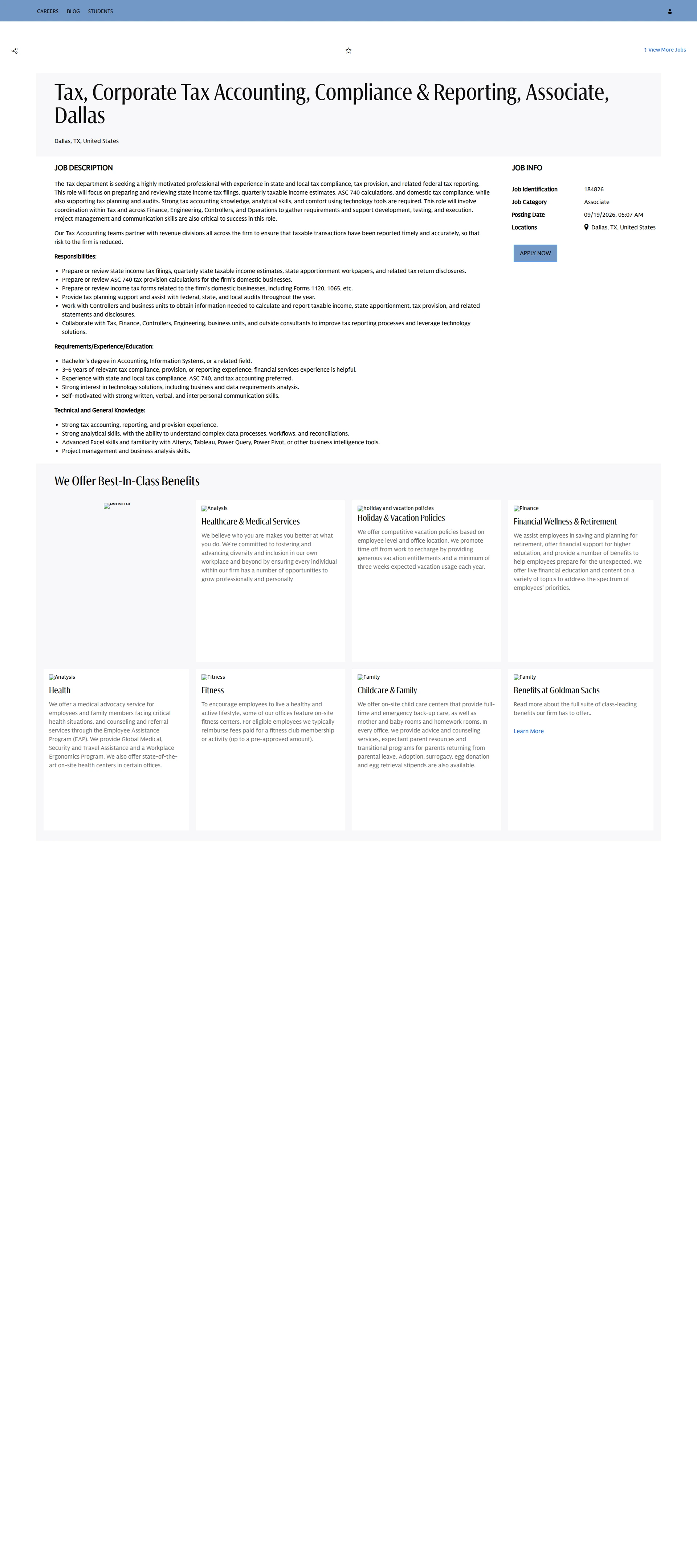 골드만삭스 Tax, Corporate Tax Accounting, Compliance & Reporting, Associate, Dallas 채용공고