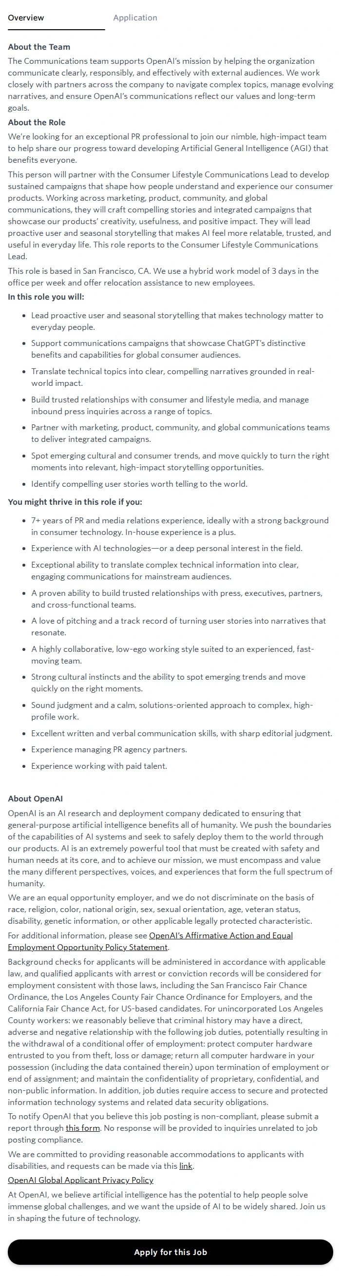 오픈에이아이(OpenAI) Consumer Lifestyle Communications Manager 채용공고