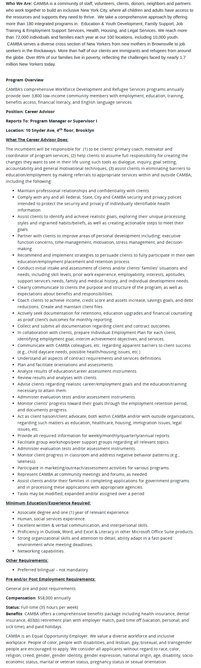 CAMBA Career Advisor, Workforce Development (Temporary) 채용공고