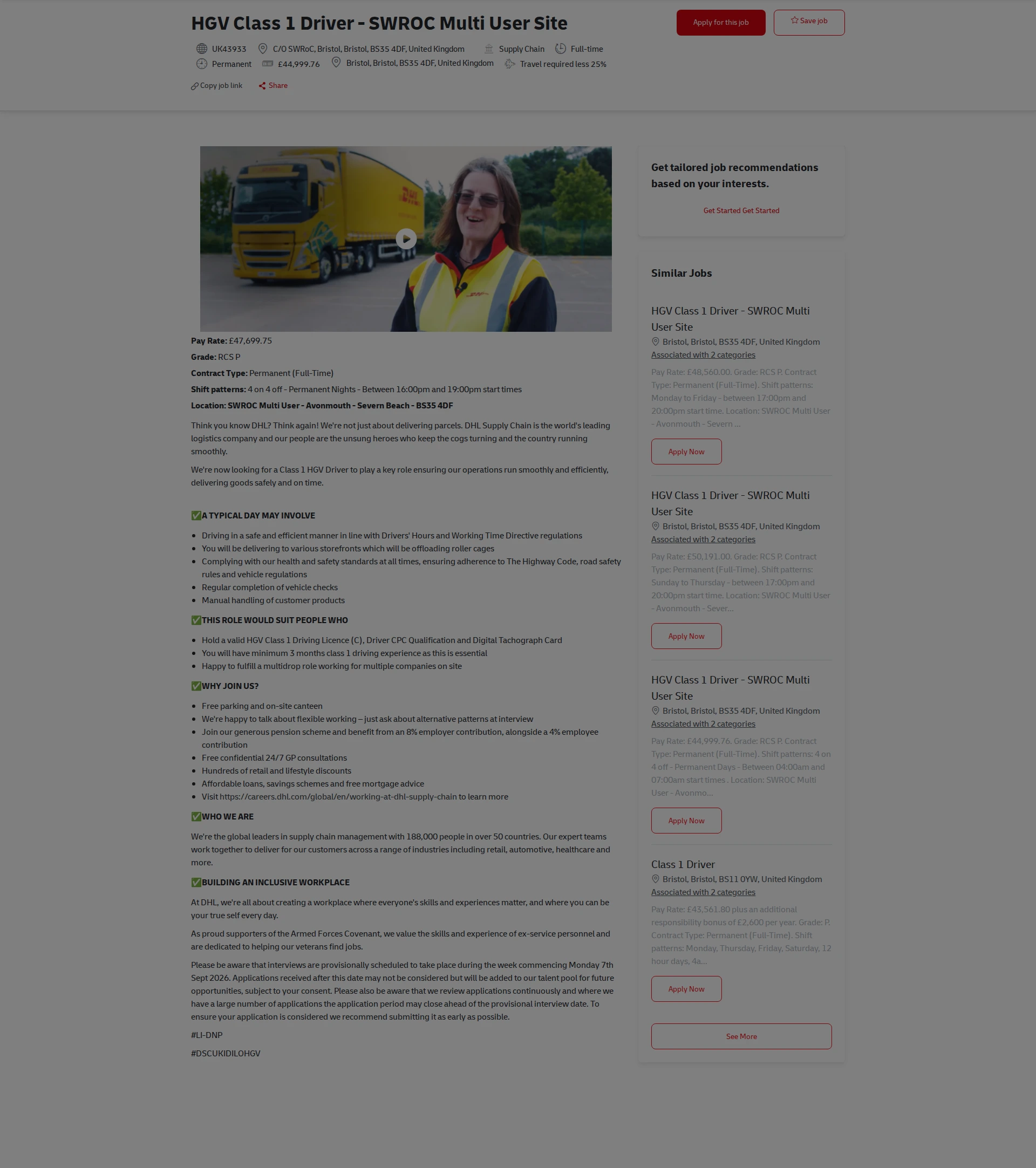 DHL HGV Class 1 Driver - SWROC Multi User Site 채용공고