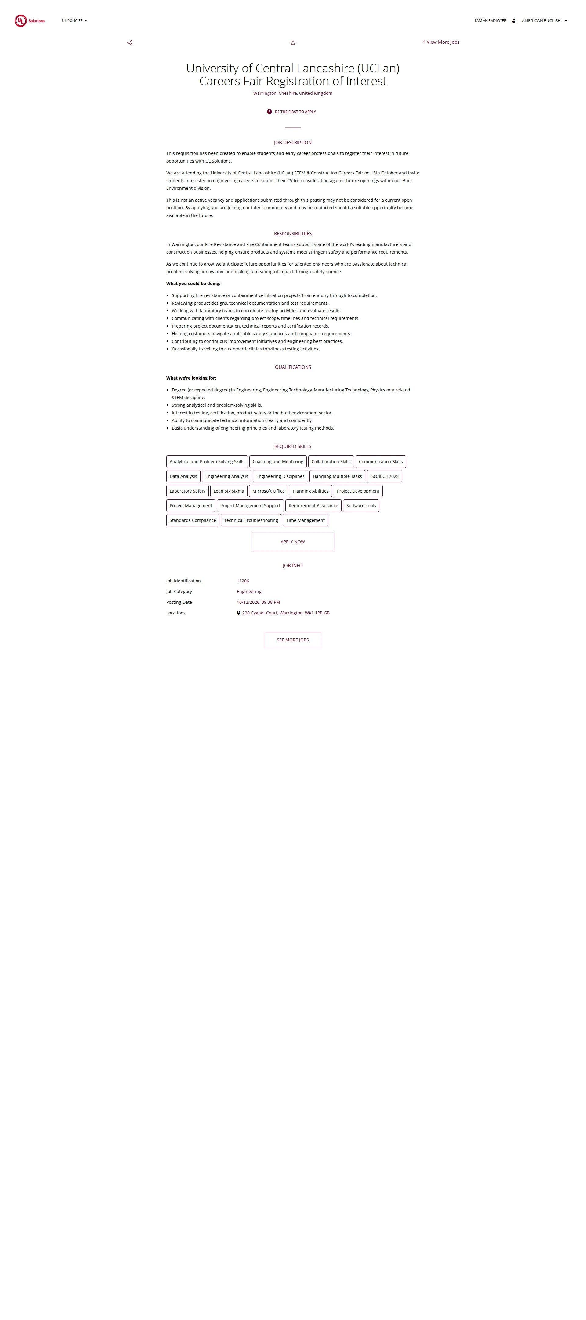 UL Solutions University of Central Lancashire (UCLan) Careers Fair Registration of Interest 채용공고