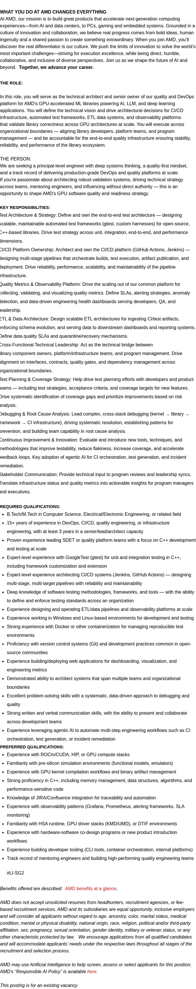 AMD Senior Lead - Quality Platform Architect, GPU Software 채용공고