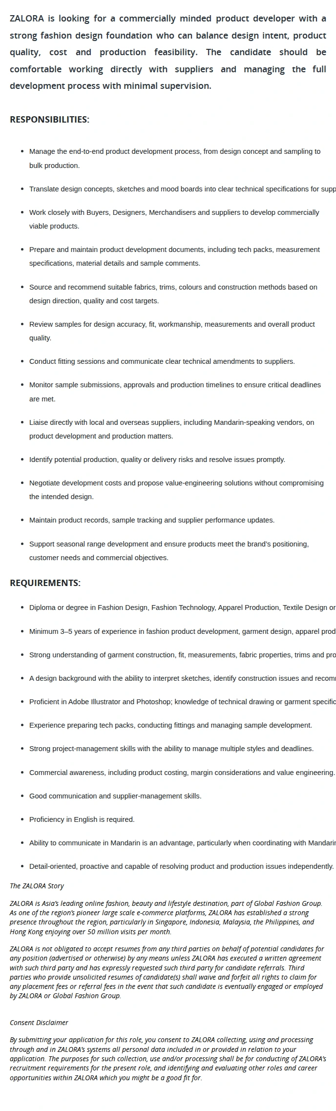 ZALORA SOUTH EAST ASIA PTE LTD Product Developer / Fashion Designer (Modest Wear) 채용공고
