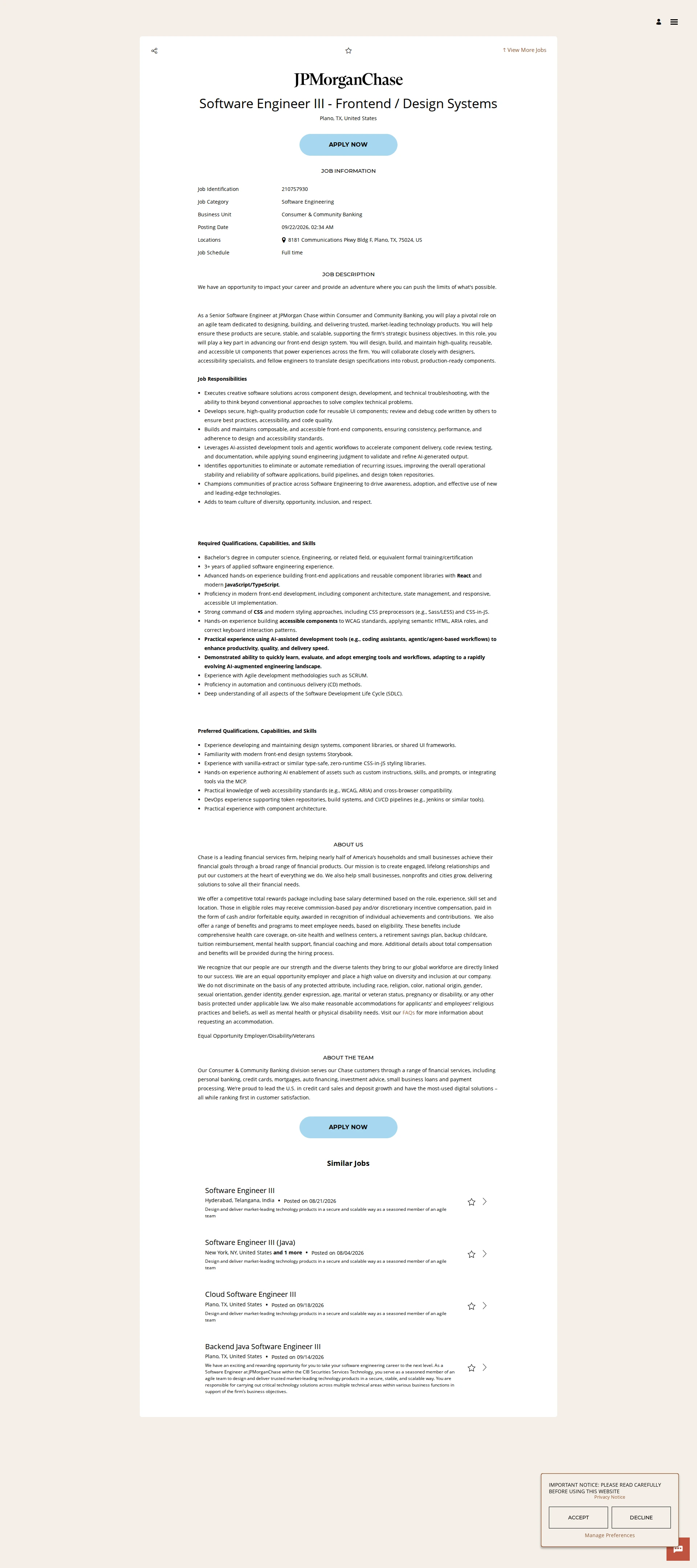 JPMorganChase Software Engineer III - Frontend / Design Systems 채용공고