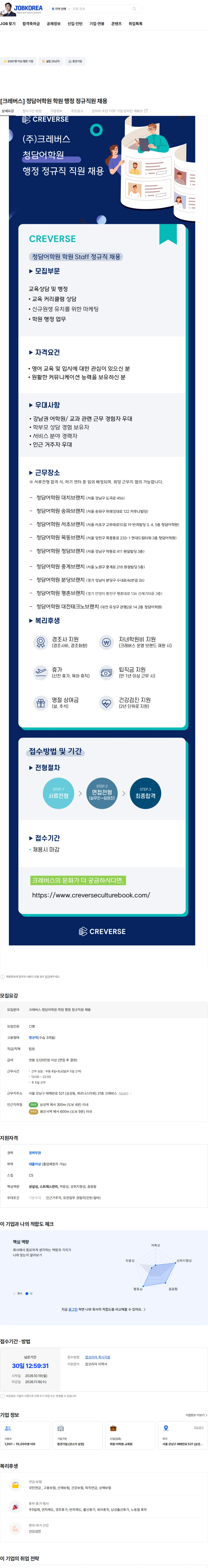 크레버스 [크레버스] 청담어학원 학원 행정 정규직원 채용 채용공고