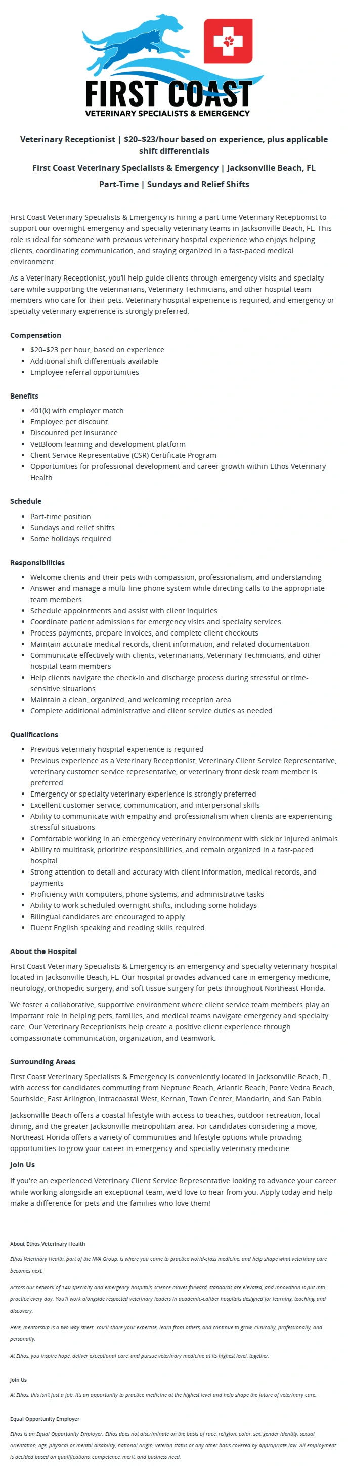 Ethos Veterinary Health Veterinary Receptionist 채용공고