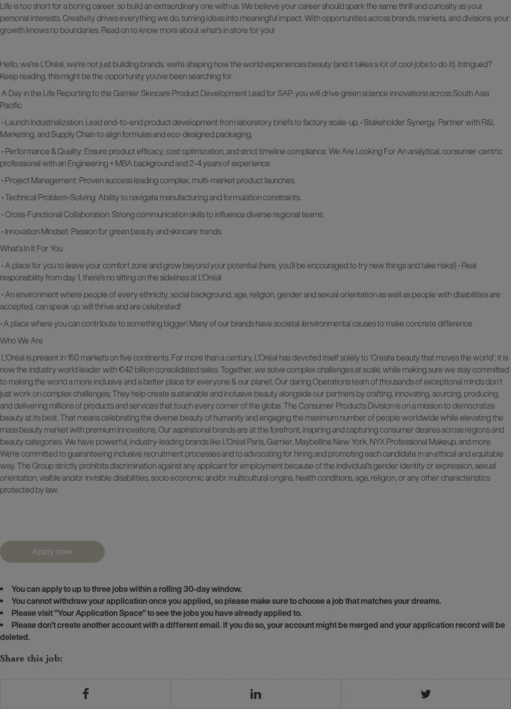 로레알(L'Oreal) [IN] Manager - Product Development Garnier Skincare, SAPMENA 채용공고