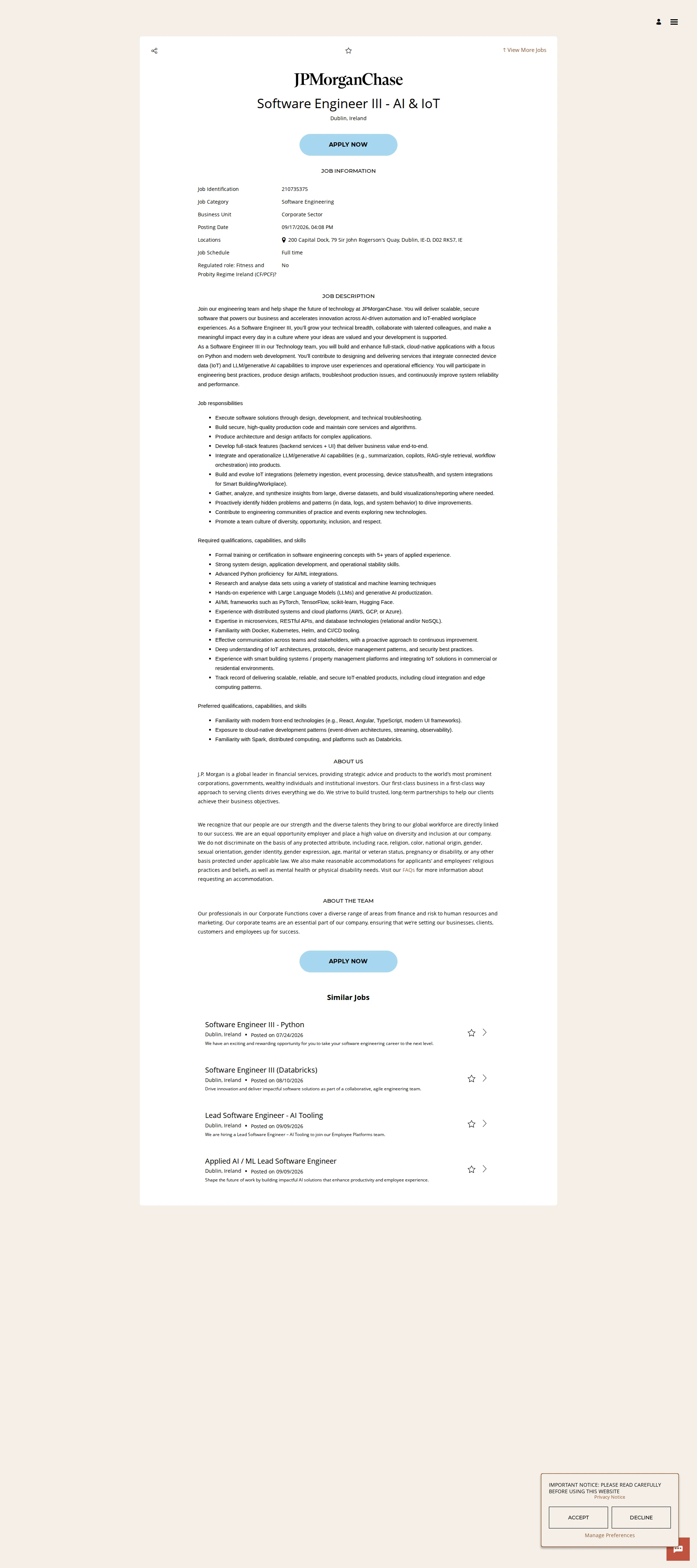 JPMorganChase Software Engineer III - AI & IoT 채용공고