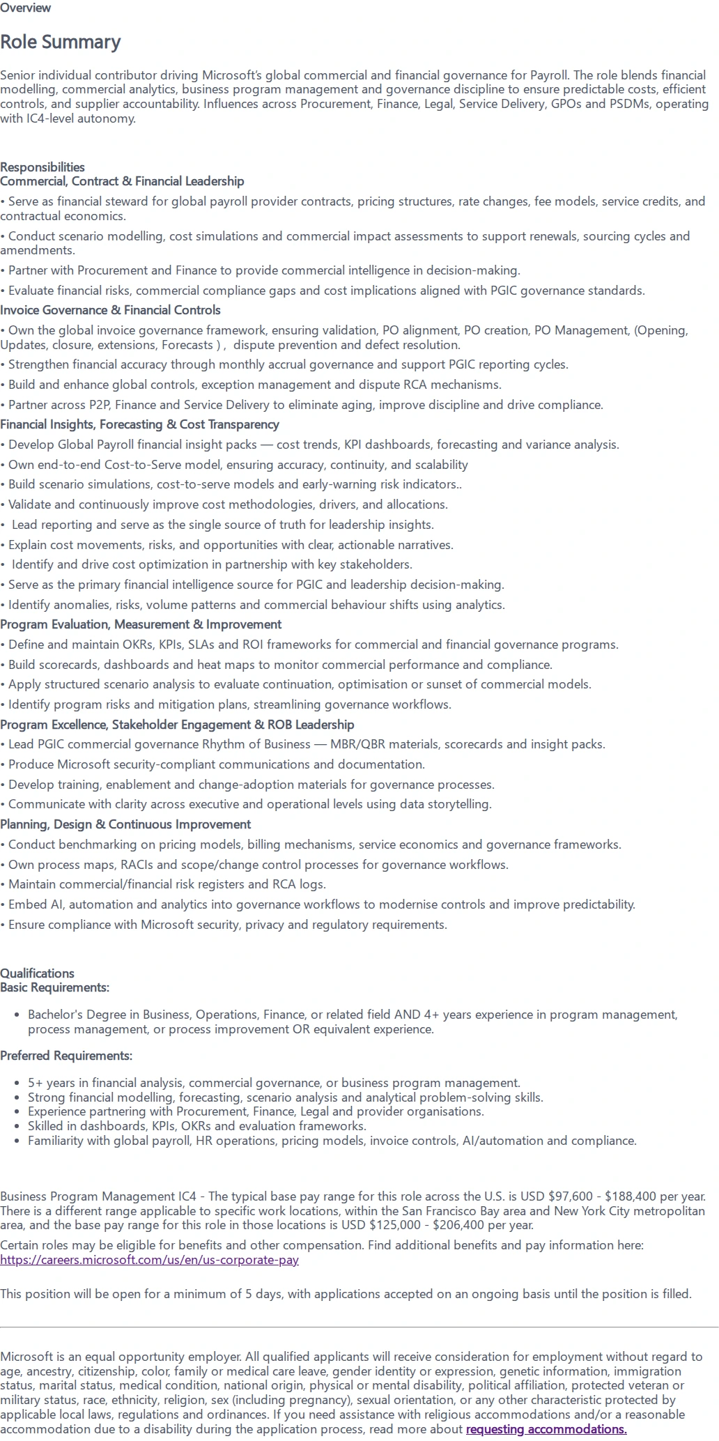 마이크로소프트(Microsoft) Business Program Manager Global Payroll 채용공고
